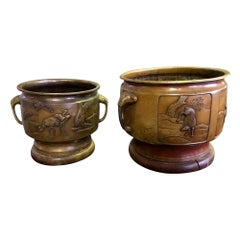 Pair of Japanese Bronze Planters with Animal Deer Crane Forest Decoration Motif