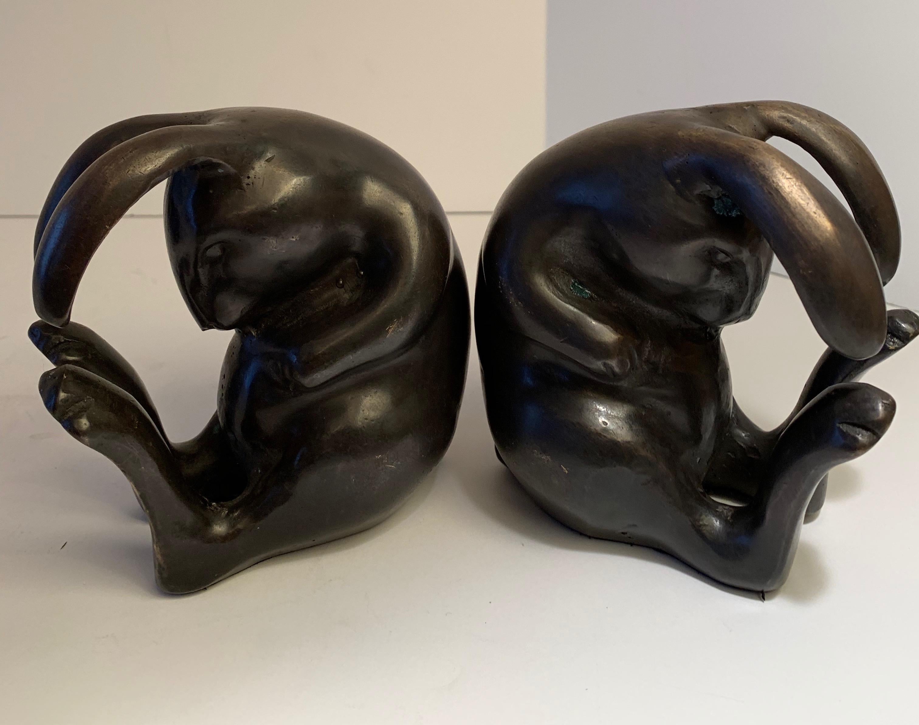 Pair of Japanese Bronze Rabbit Bookends In Good Condition In Los Angeles, CA