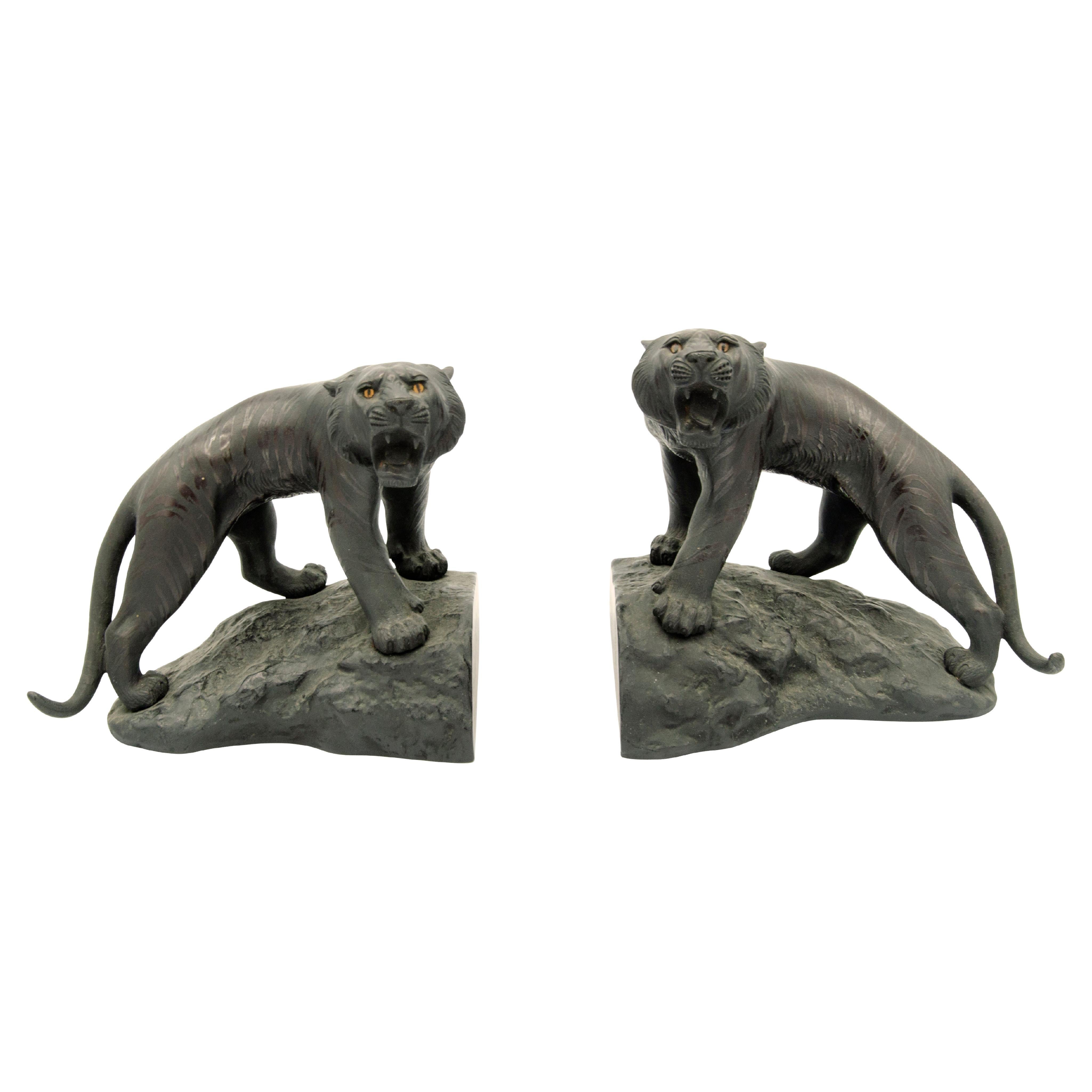 Pair of Japanese Bronze Tiger Bookends