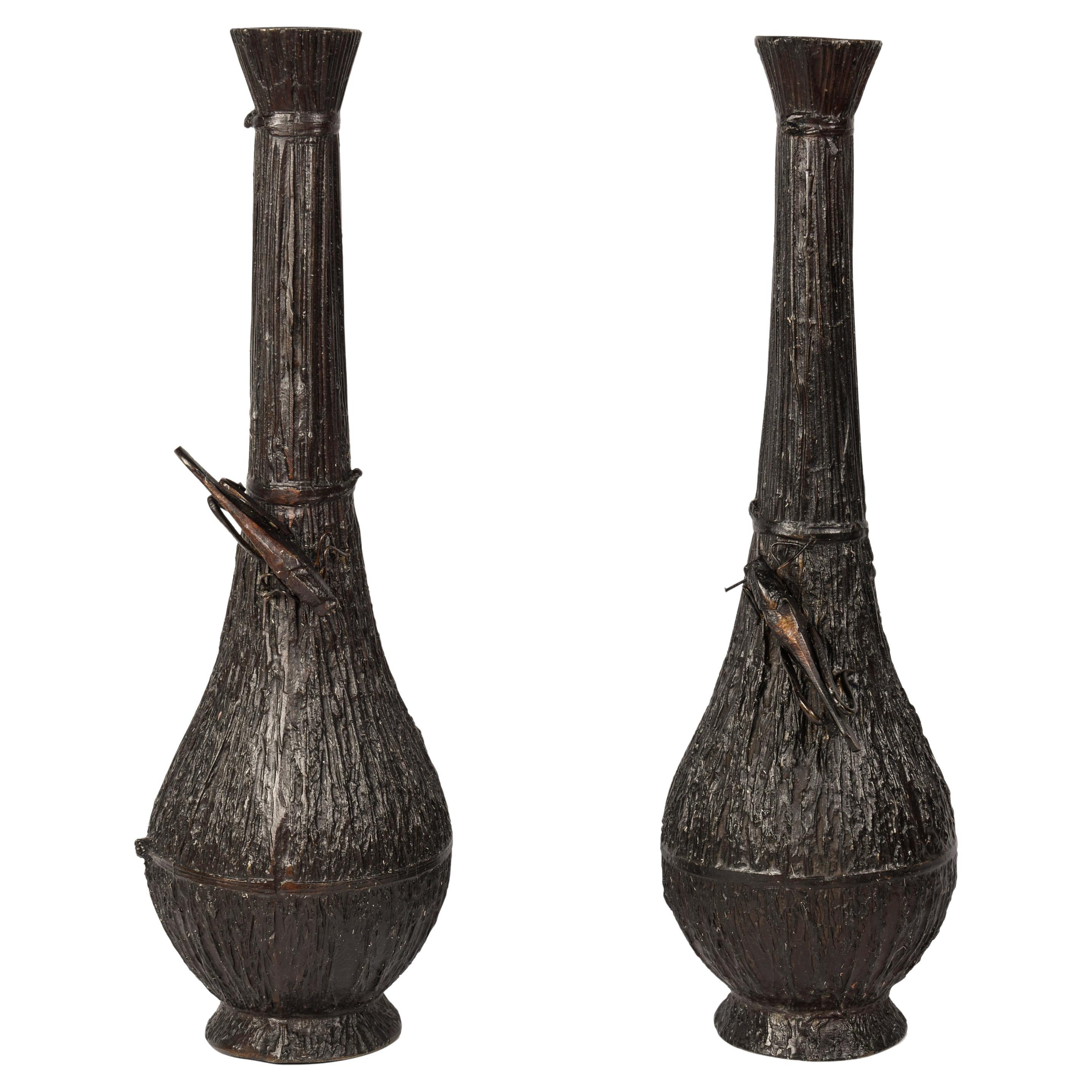 Pair of japanese bronze vase imitating hay and decorated with a grass hopper