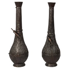 Pair of japanese bronze vase imitating hay and decorated with a grass hopper