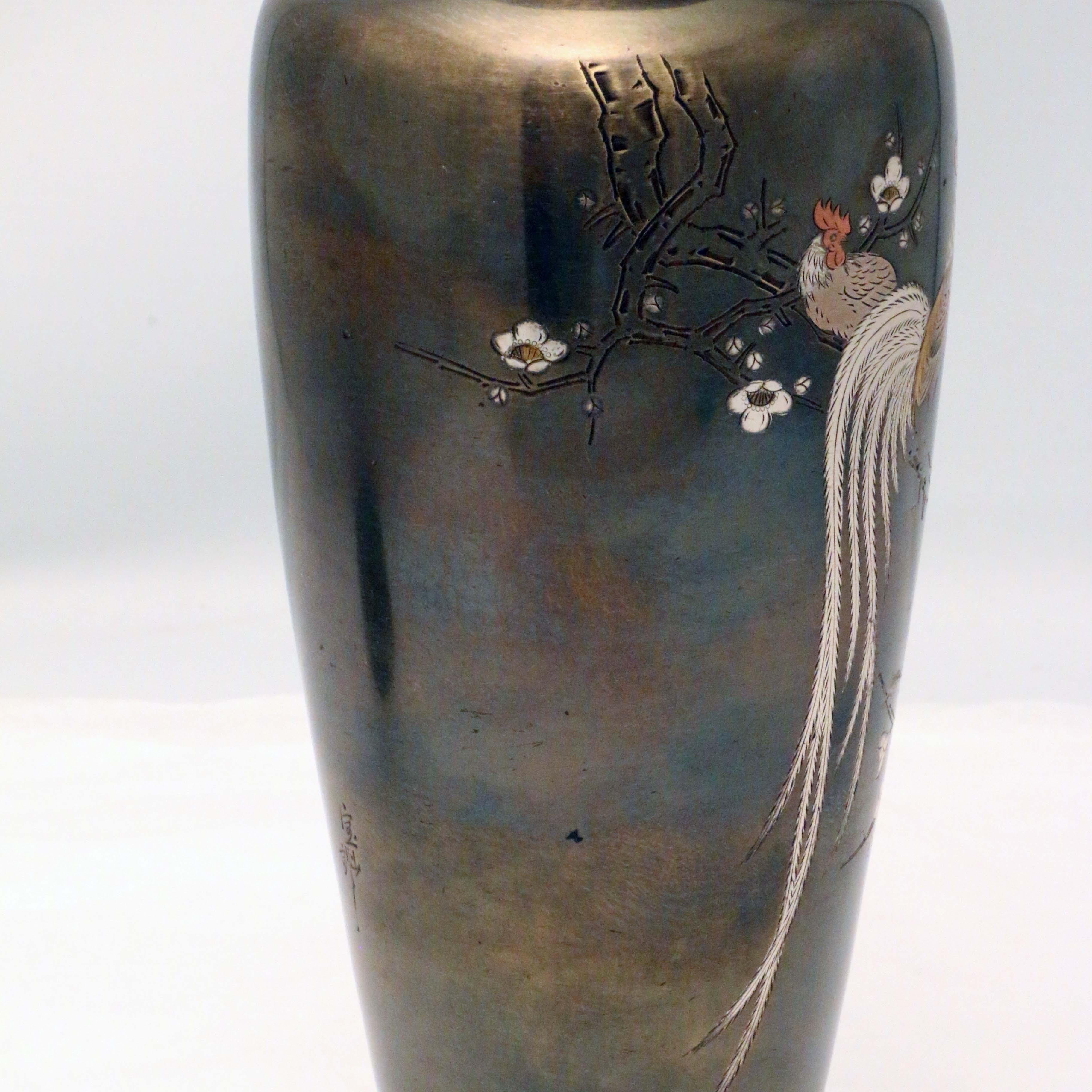 Meiji Pair of Japanese Mixed Metal Bronze Vases