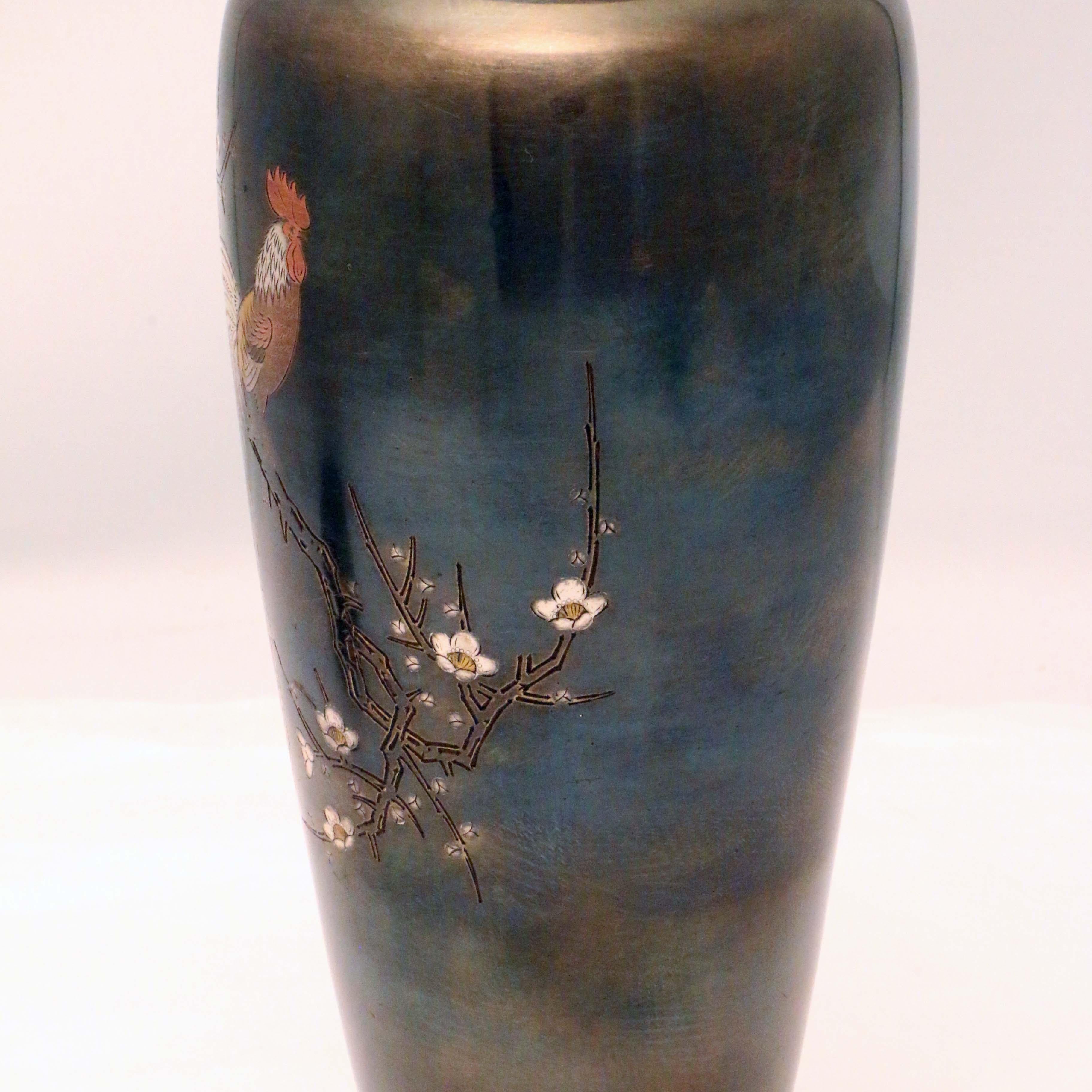 Engraved Pair of Japanese Mixed Metal Bronze Vases