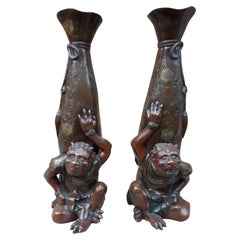 Antique Pair of Japanese Bronze Vases, Japan Meiji Period