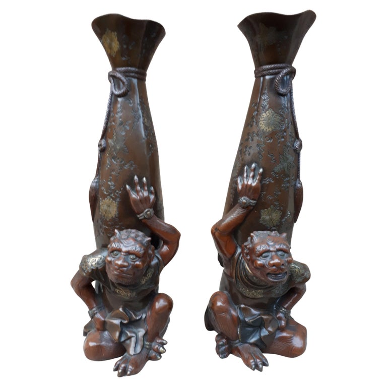 Humorous Japanese Bronze Vase Depicting Shoki Chasing Oni