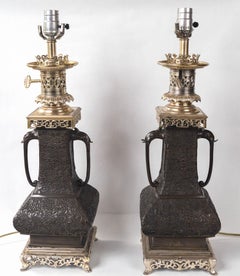 Pair of Japanese Bronze Vases, Mounted as Lamps