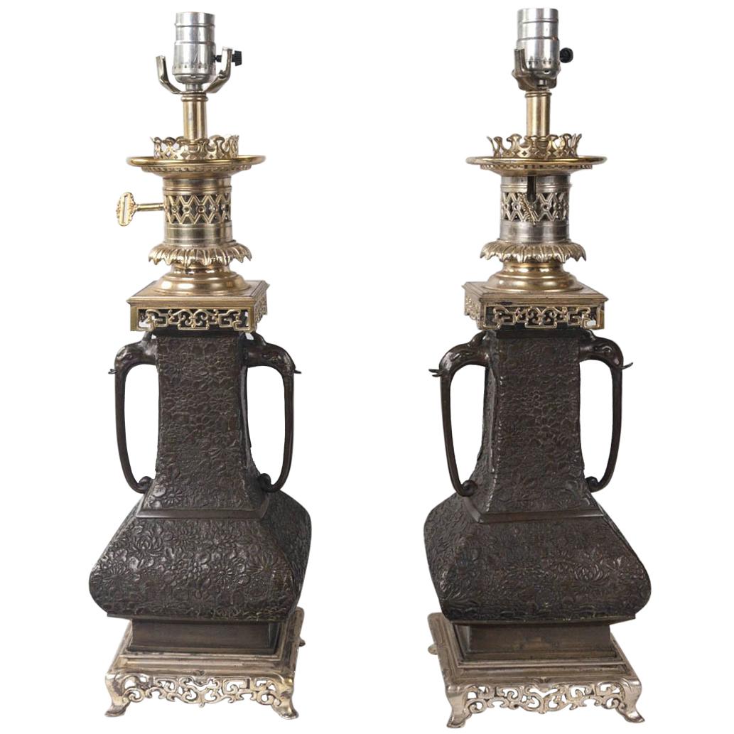Pair of Japanese Bronze Vases, Mounted as Lamps For Sale