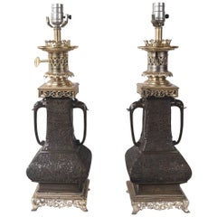 Pair of Japanese Bronze Vases, Mounted as Lamps