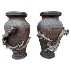 Pair of Japanese Bronze Vases with Dragon Decorations, Japan Edo Period