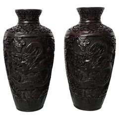 Pair of Japanese Carved Metal Dragon Vases
