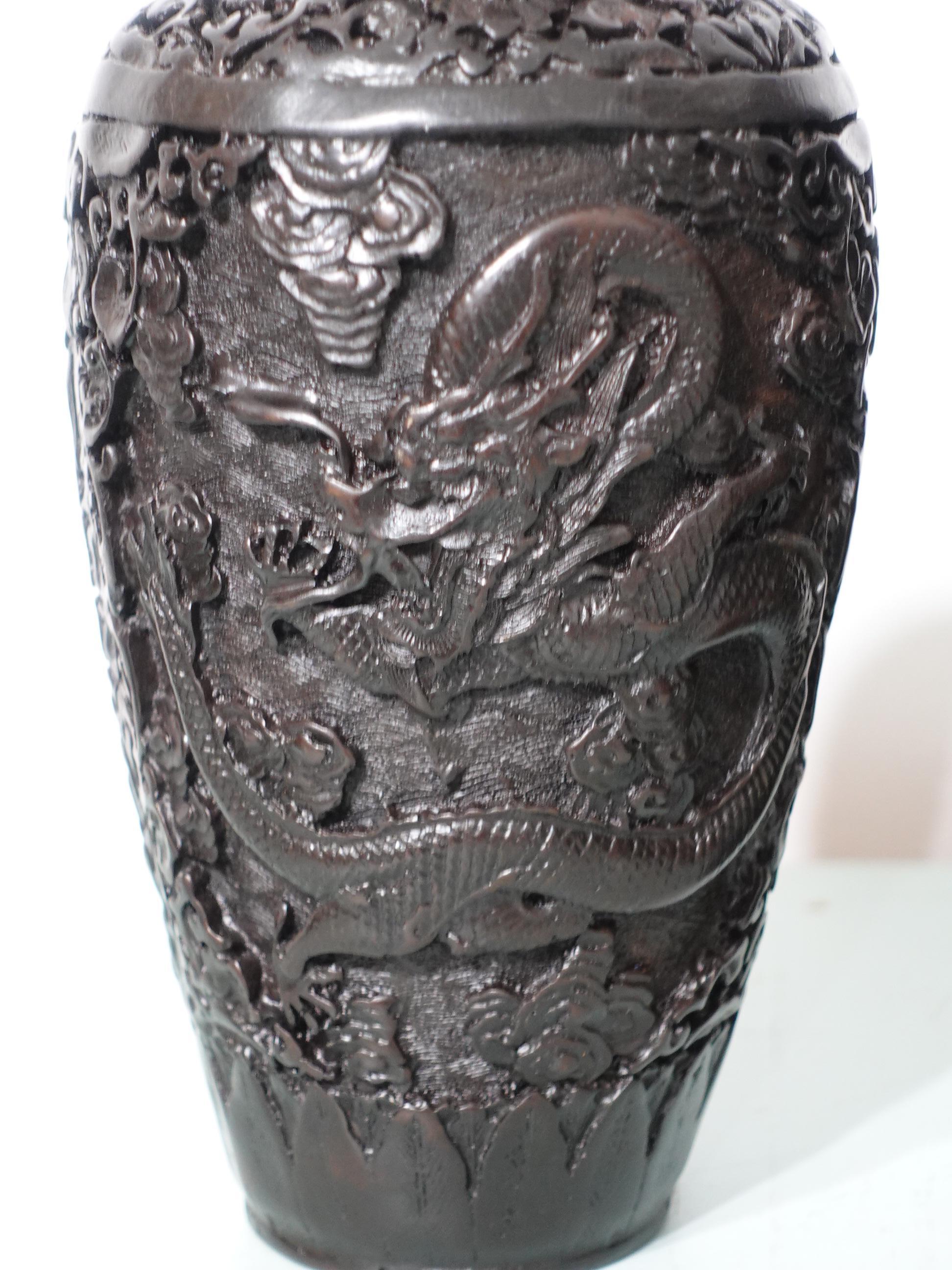 Hand-Carved Pair of Japanese Carved Metal Dragon Vases For Sale