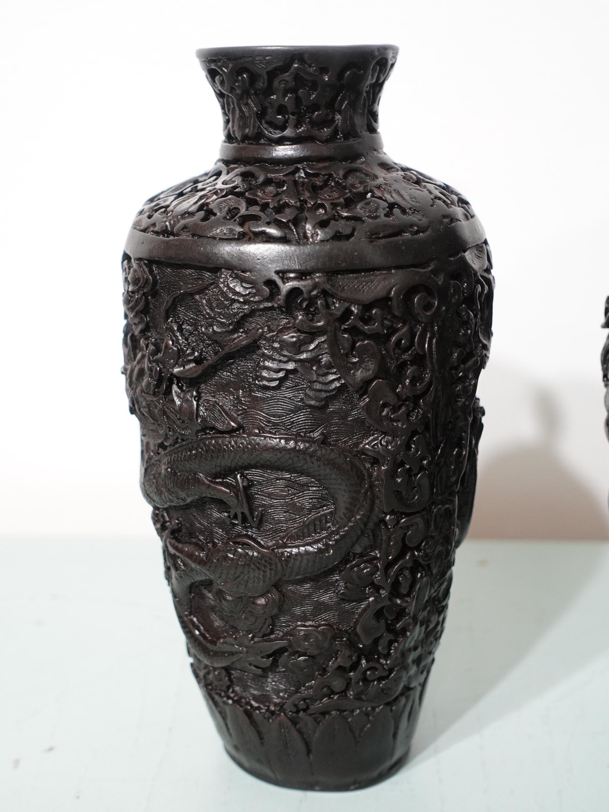 Pair of Japanese Carved Metal Dragon Vases In Excellent Condition For Sale In Norton, MA