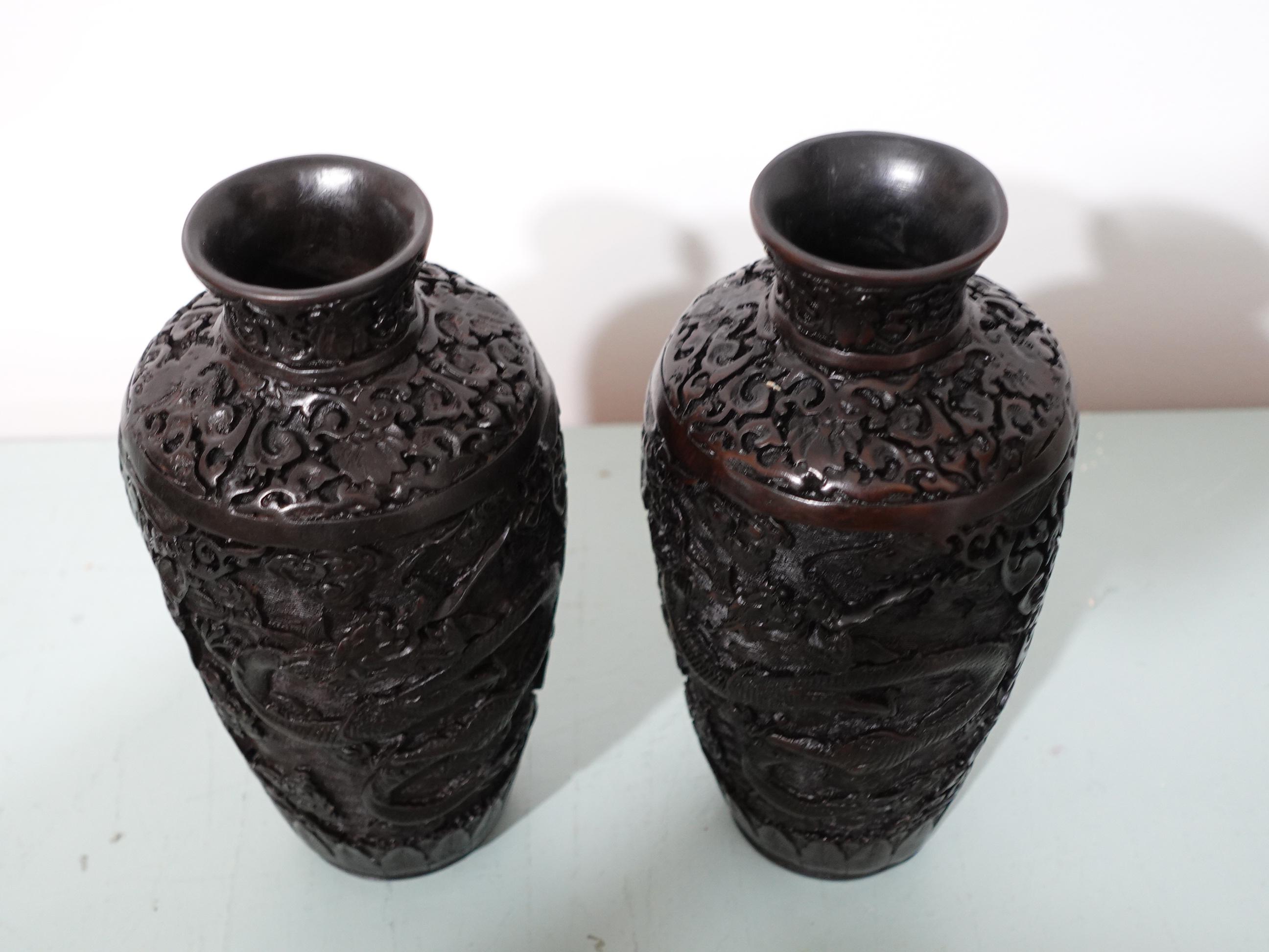 20th Century Pair of Japanese Carved Metal Dragon Vases For Sale