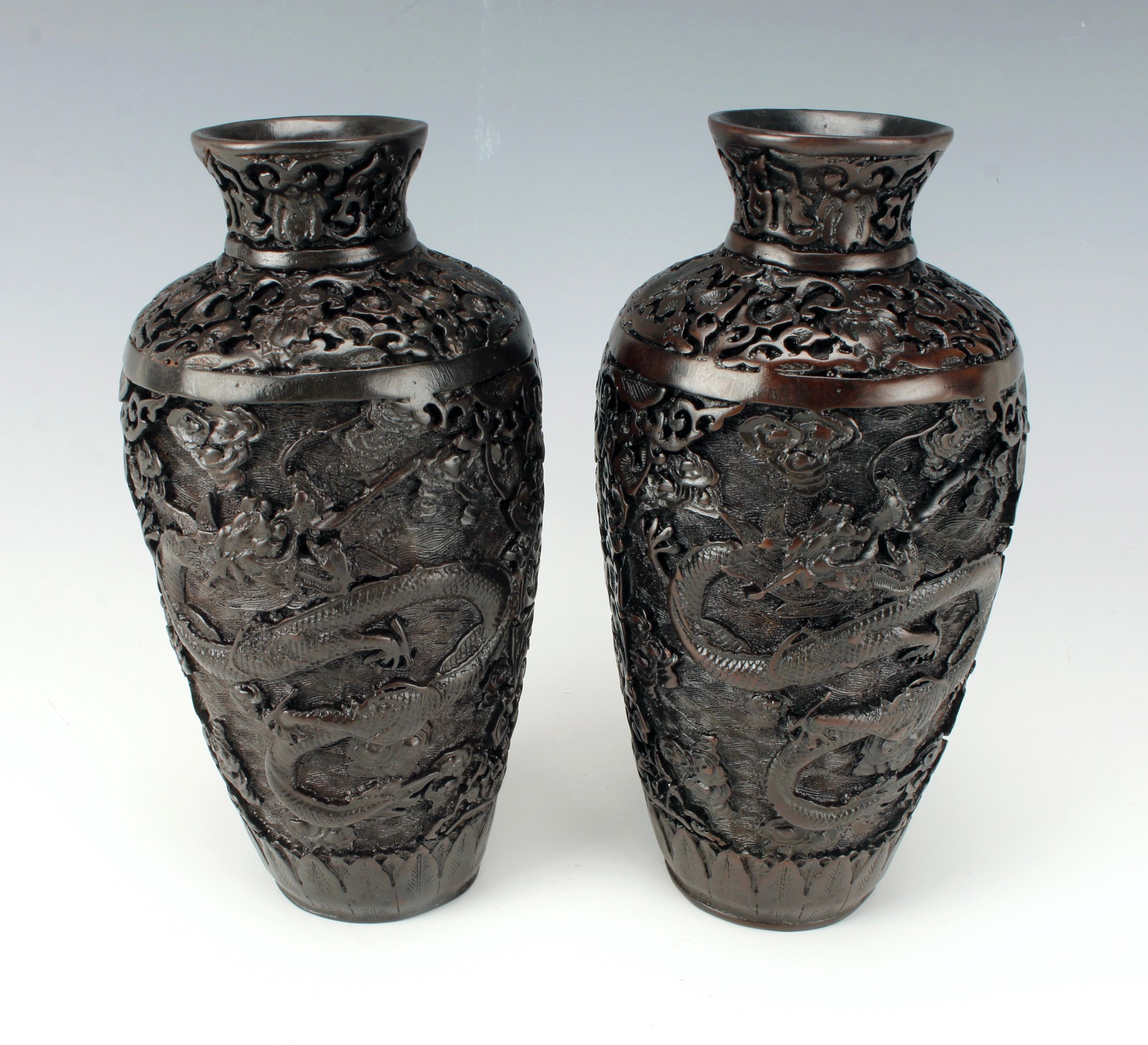 Pair of Japanese Carved Metal Dragon Vases For Sale 2