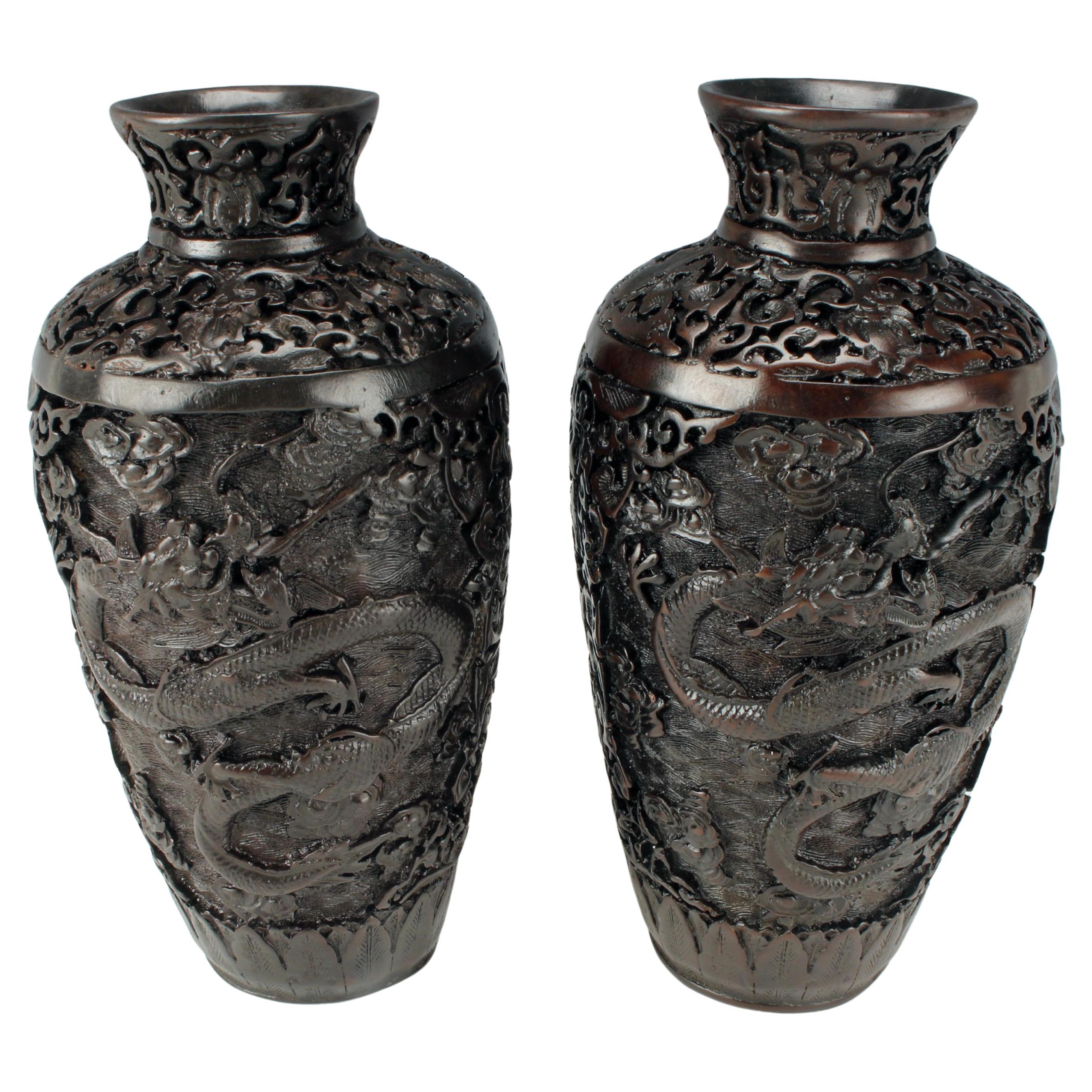 Pair of Japanese Carved Metal Dragon Vases For Sale