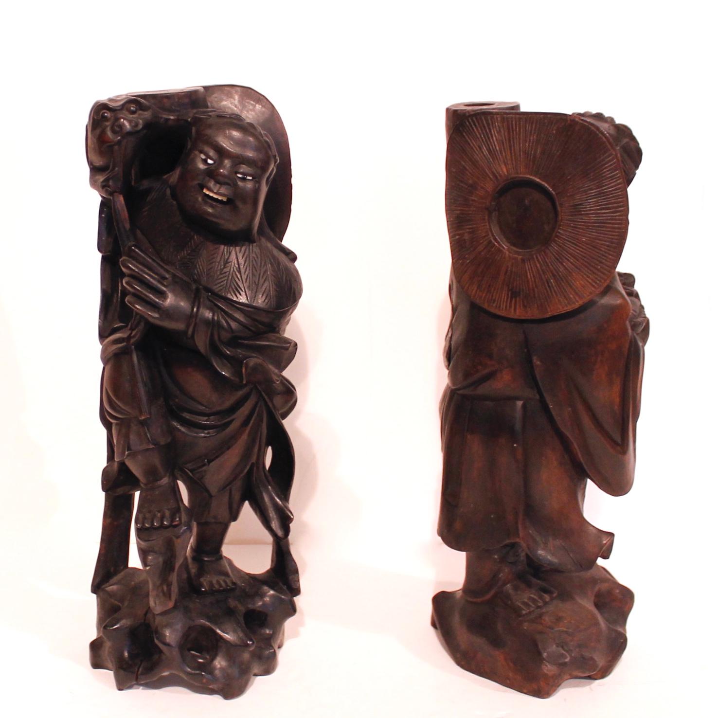 20th Century Pair Of Japanese Carved Hardwood Fishermen Candlesticks Or Joss Stick Holders For Sale