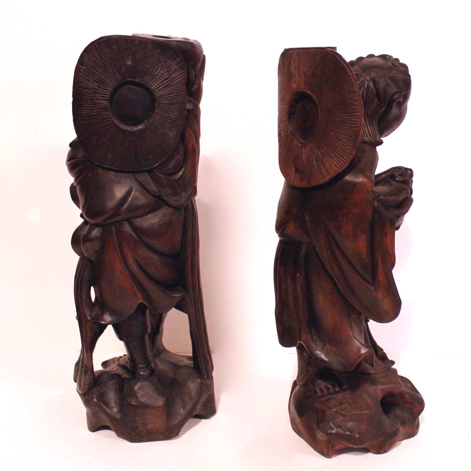 Pair Of Japanese Carved Hardwood Fishermen Candlesticks Or Joss Stick Holders For Sale 2