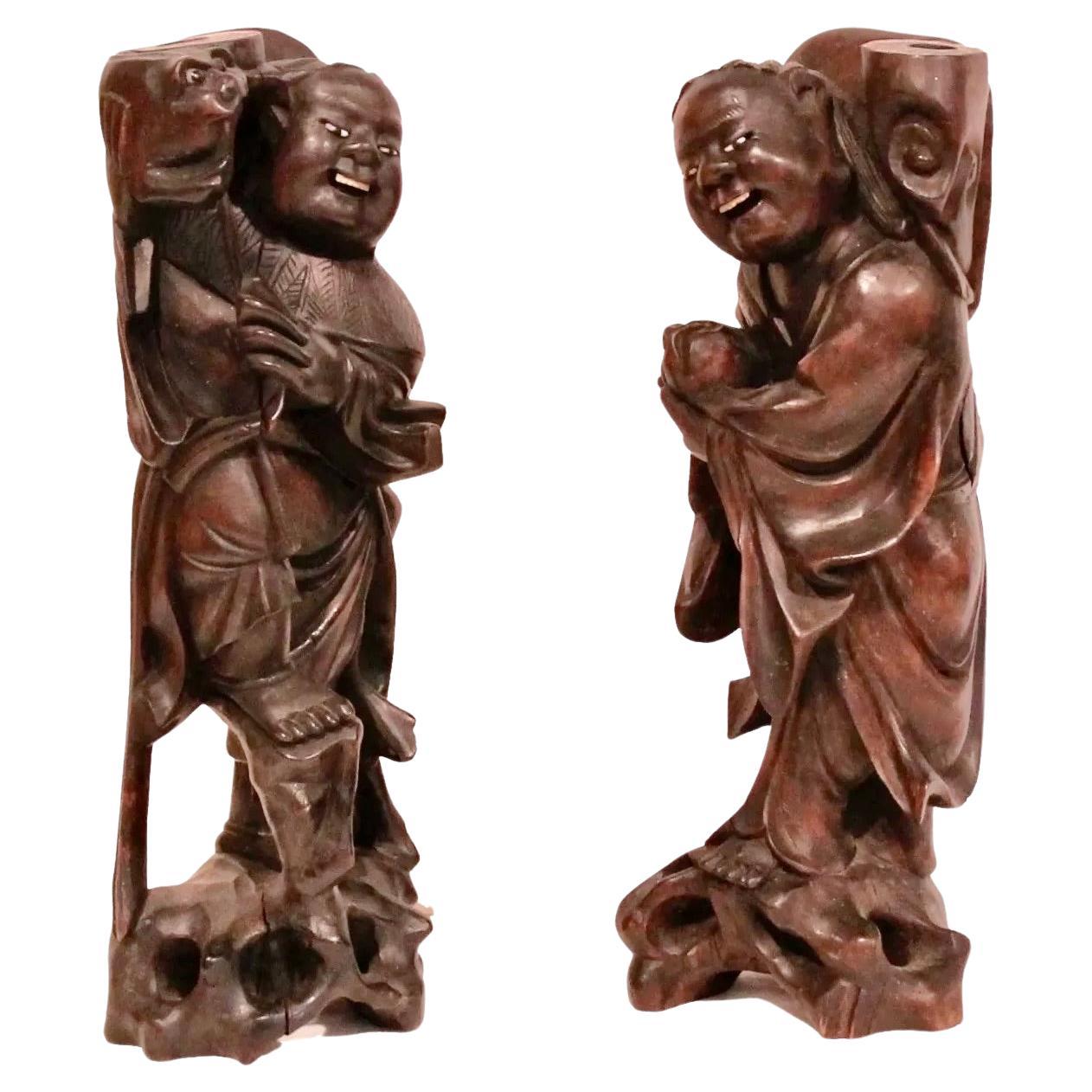 Pair Of Japanese Carved Hardwood Fishermen Candlesticks Or Joss Stick Holders For Sale