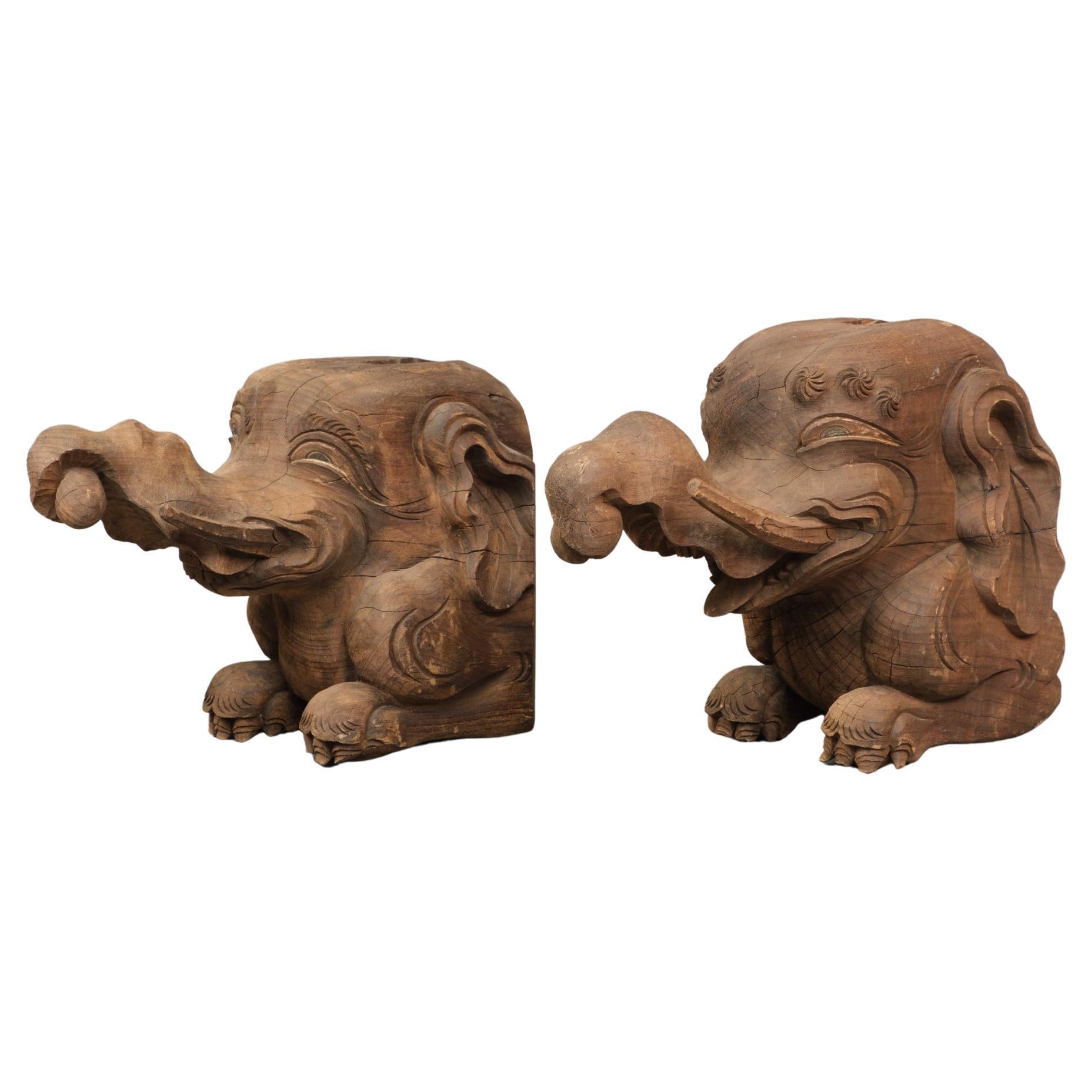 Pair of Japanese Carved Wooden Temple Ornaments 木鼻 'Kibana' Shaped like Baku 獏 For Sale