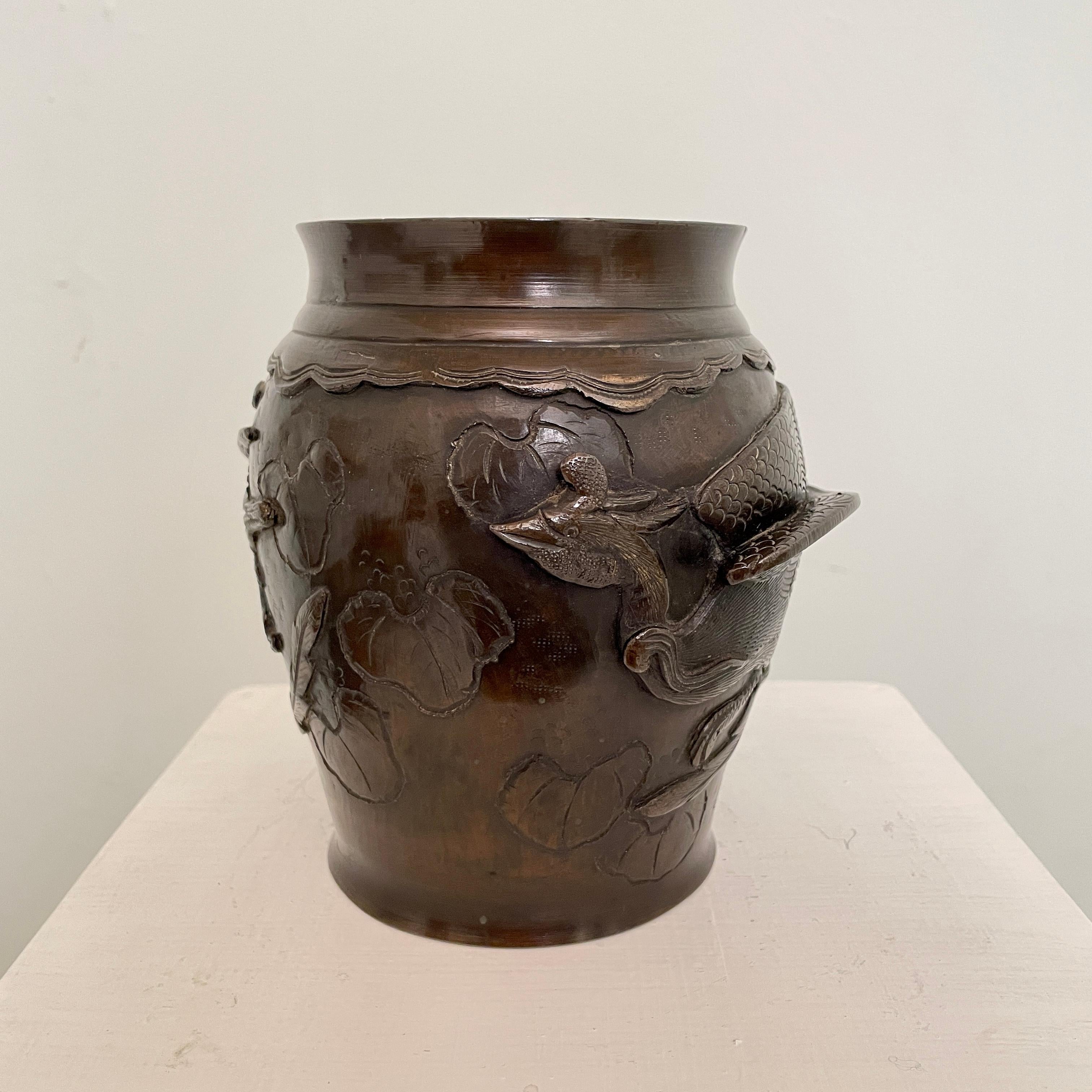 Pair of Japanese Cast Bronze Vases with High Relief Dragon and Bird Figure, 1900 8