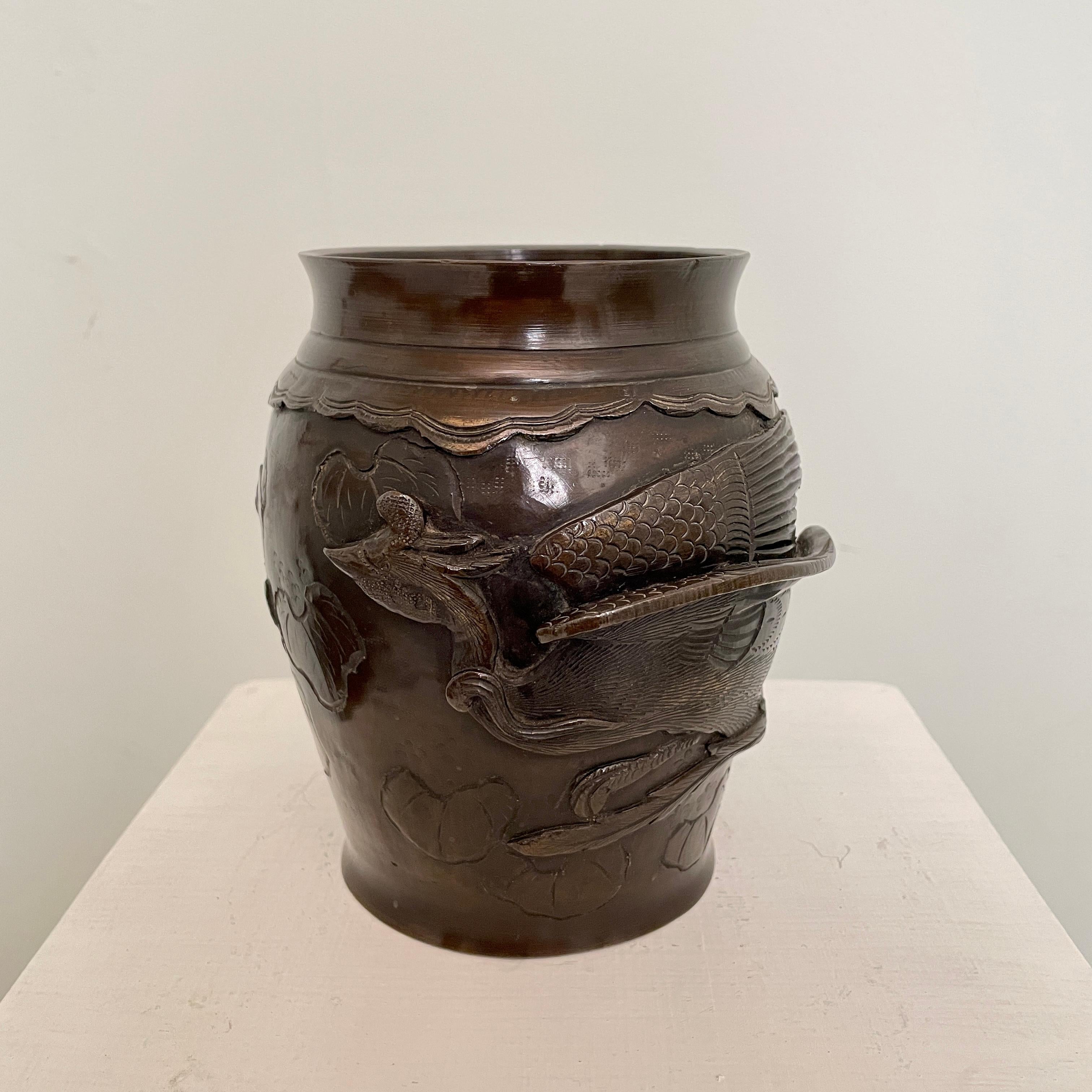 Pair of Japanese Cast Bronze Vases with High Relief Dragon and Bird Figure, 1900 10