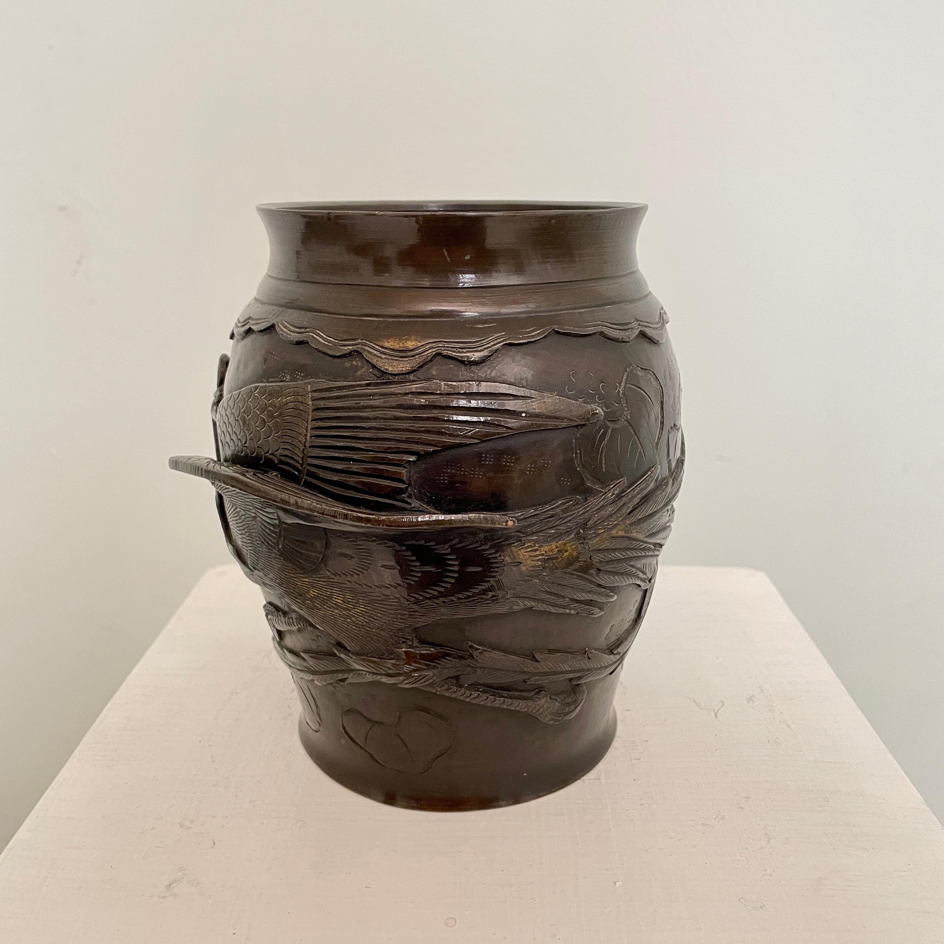 Pair of Japanese Cast Bronze Vases with High Relief Dragon and Bird Figure, 1900 11