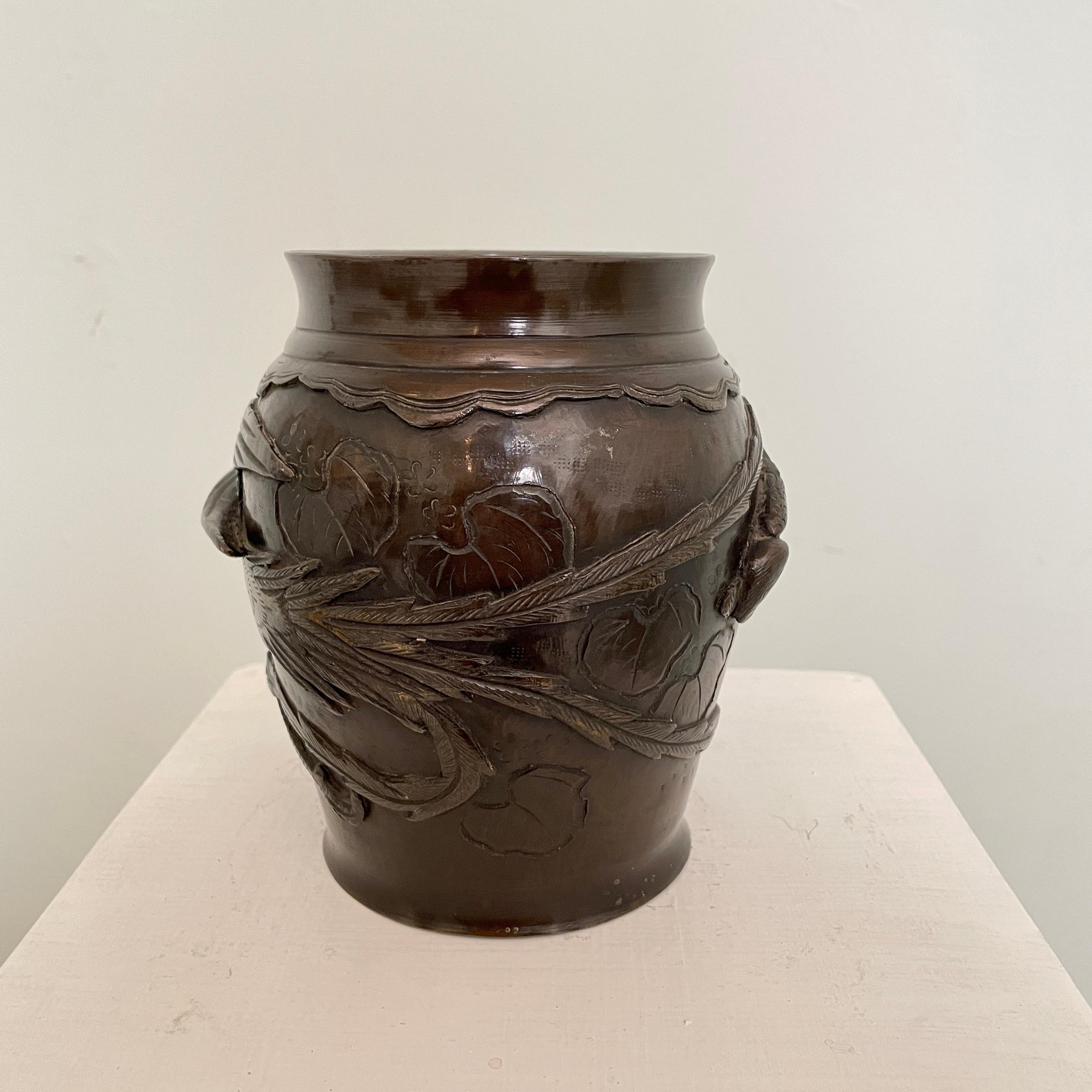Pair of Japanese Cast Bronze Vases with High Relief Dragon and Bird Figure, 1900 12