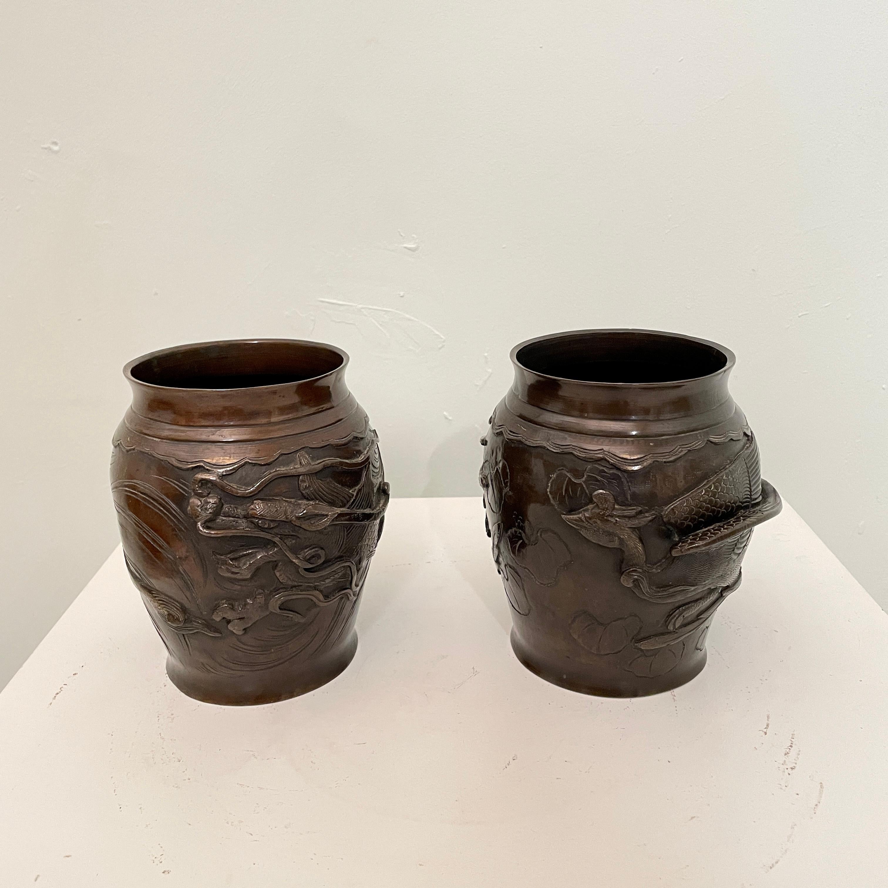 Early 20th Century Pair of Japanese Cast Bronze Vases with High Relief Dragon and Bird Figure, 1900