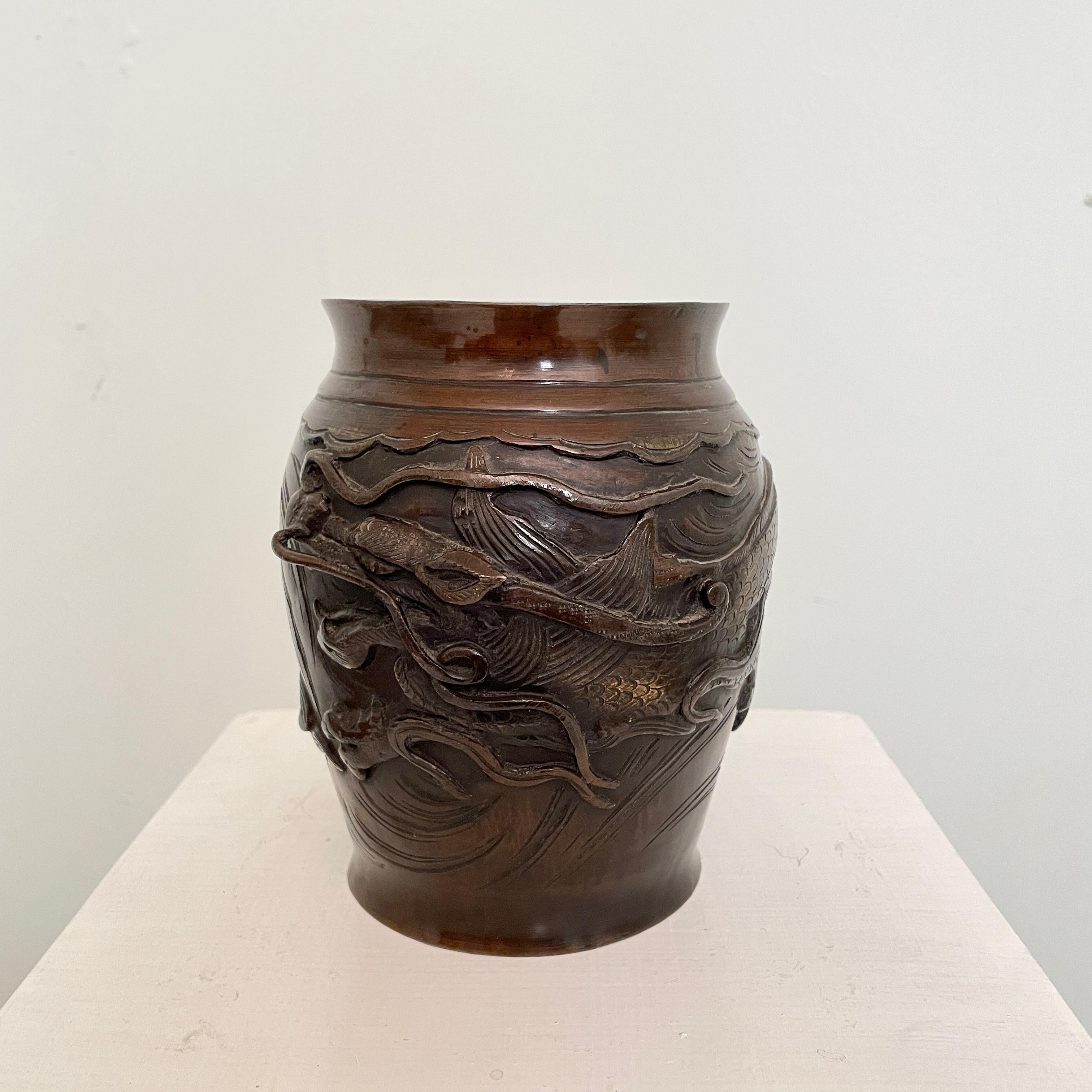 Pair of Japanese Cast Bronze Vases with High Relief Dragon and Bird Figure, 1900 1
