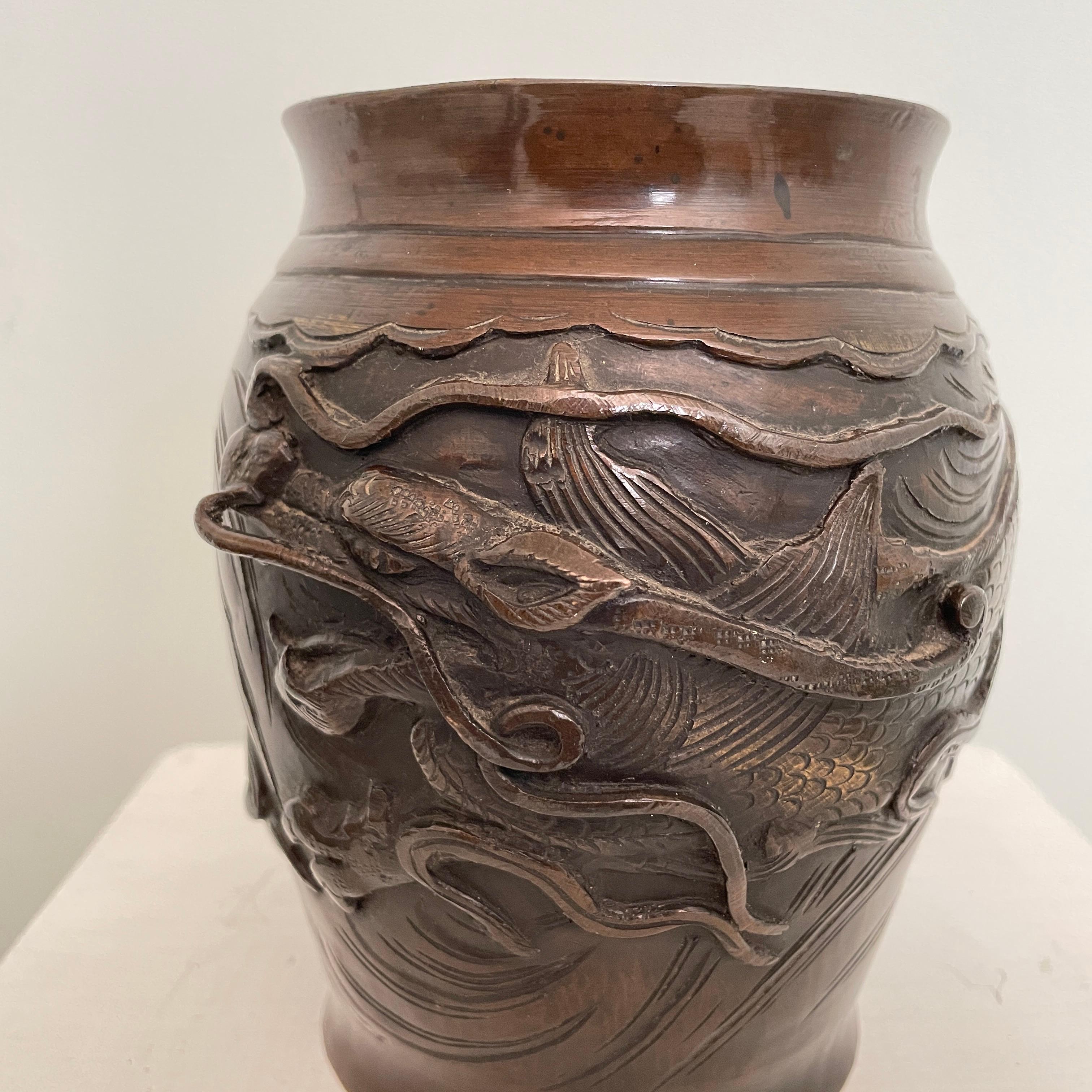 Pair of Japanese Cast Bronze Vases with High Relief Dragon and Bird Figure, 1900 3