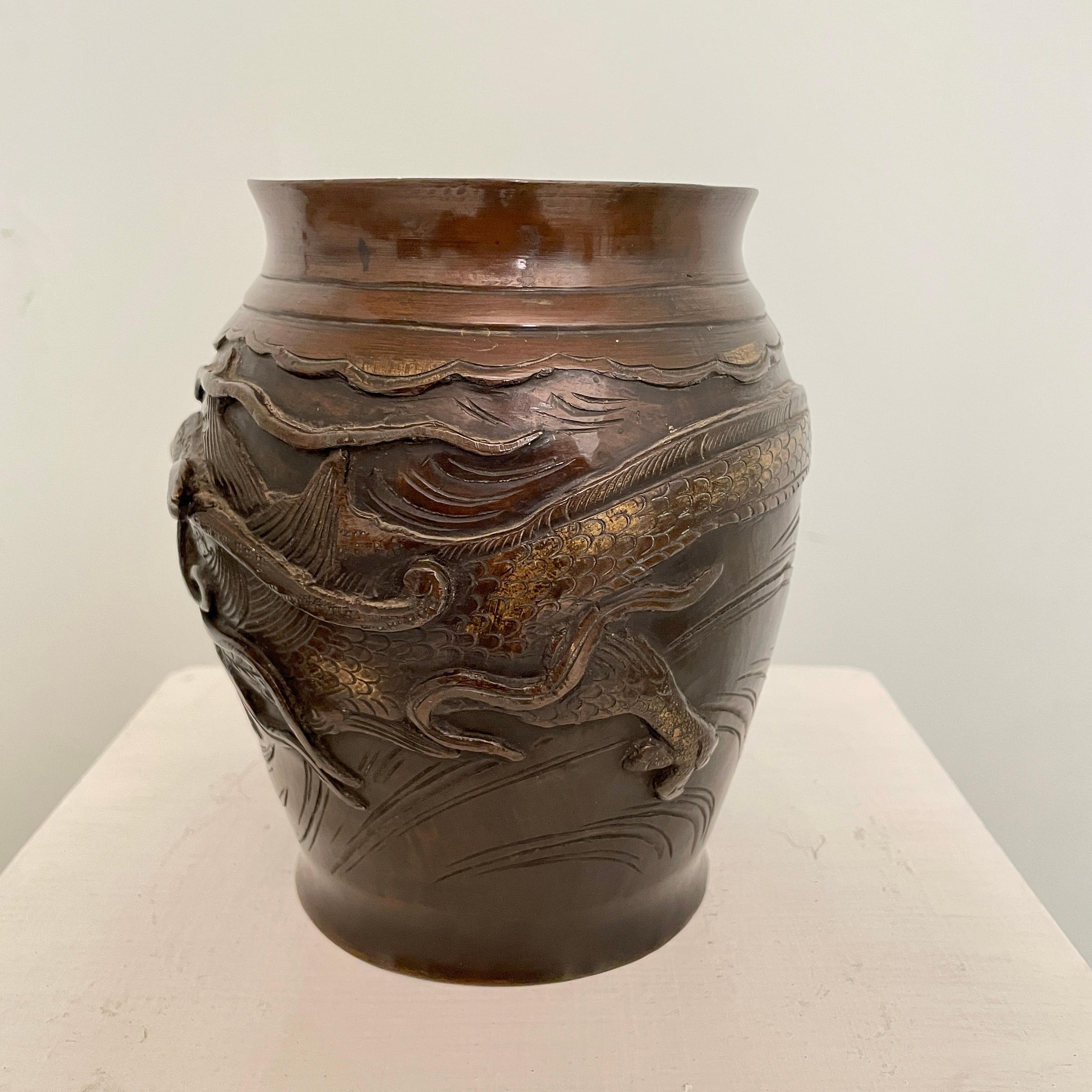 Pair of Japanese Cast Bronze Vases with High Relief Dragon and Bird Figure, 1900 4