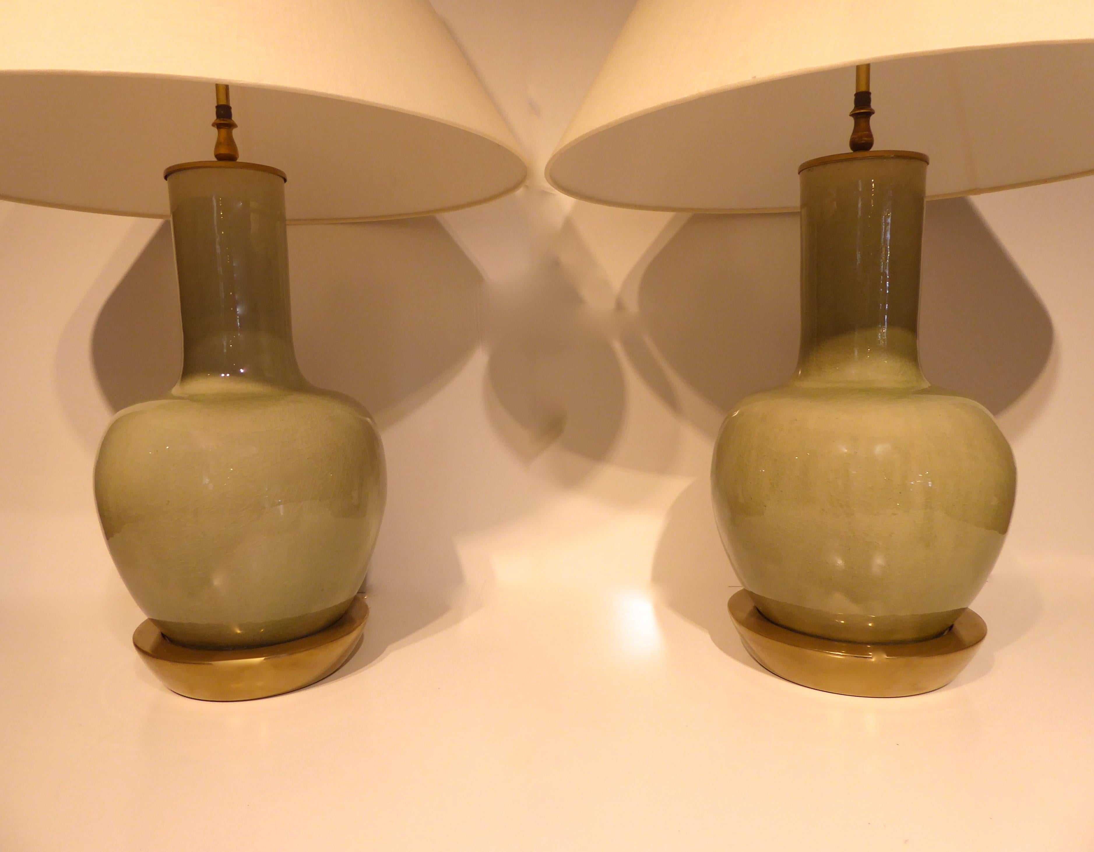 Hollywood Regency Pair of Japanese Celadon Glazed Porcelain Lamps