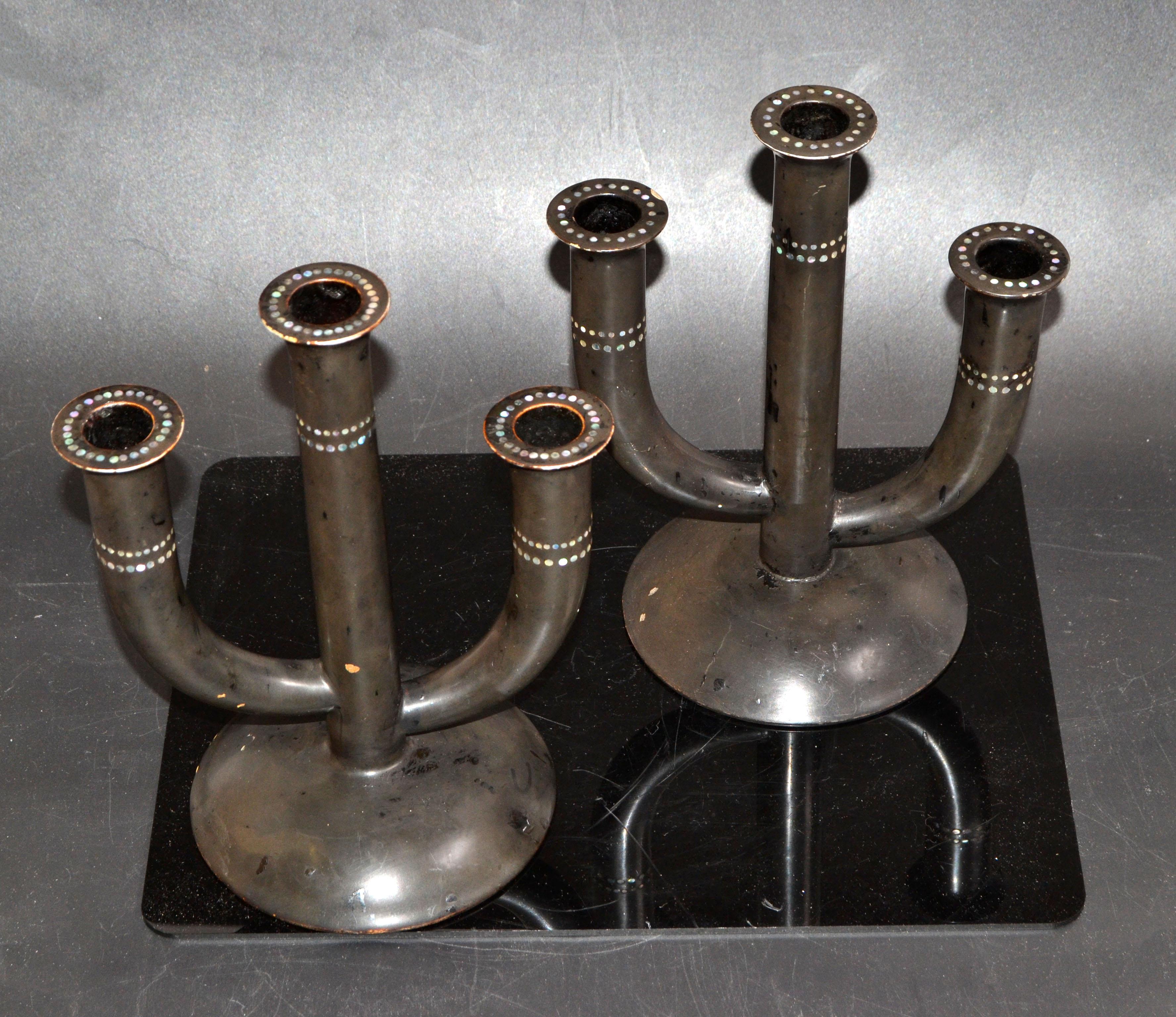 Coppia di candelabri giapponesi in ceramica nera e madreperla Hand Made 1960 in vendita 4