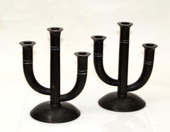 Coppia di candelabri giapponesi in ceramica nera e madreperla Hand Made 1960