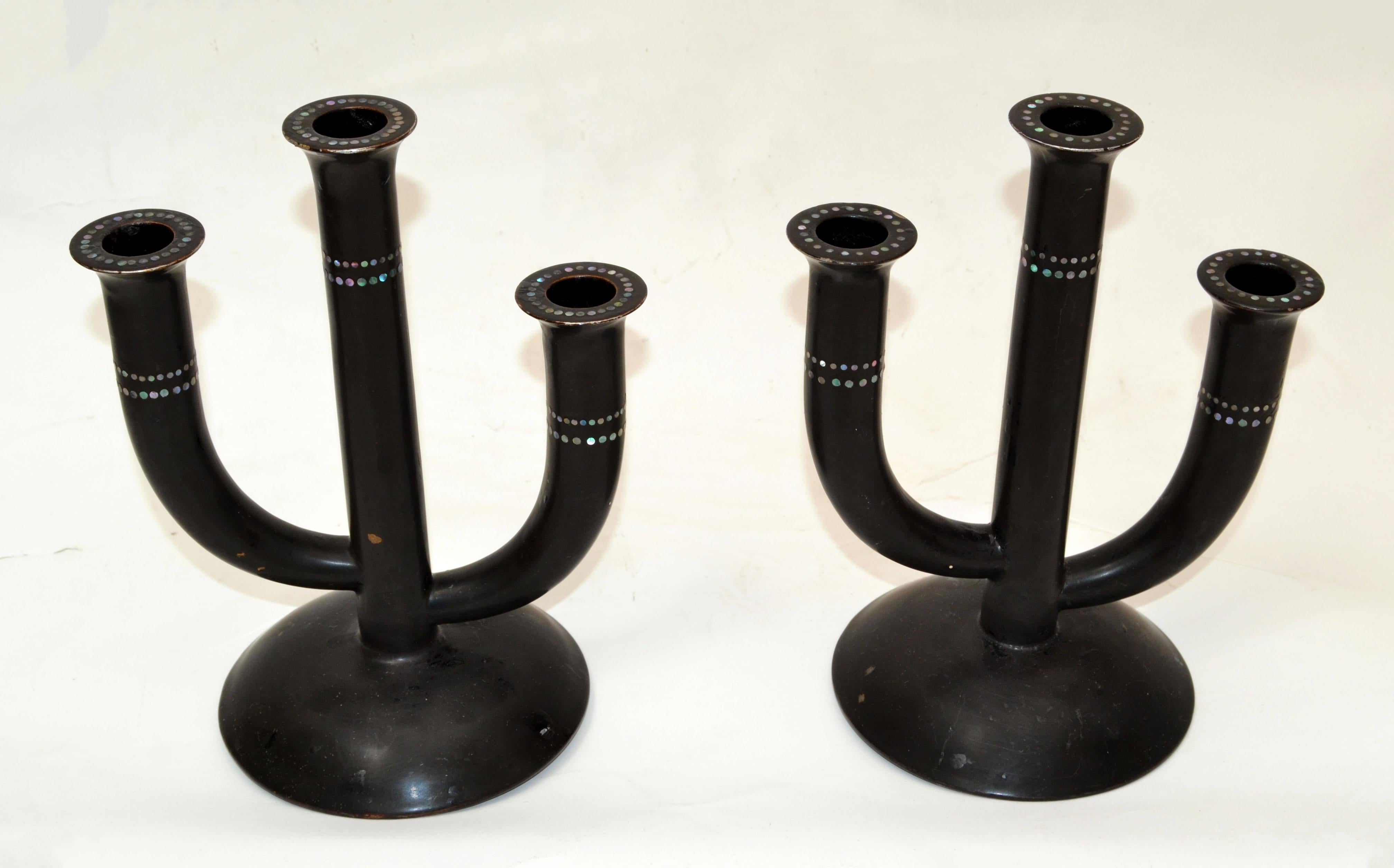 Mid-Century Modern Pair of Japanese Ceramic Black & Mother of Pearl Candelabra Made by Hand 1960 For Sale