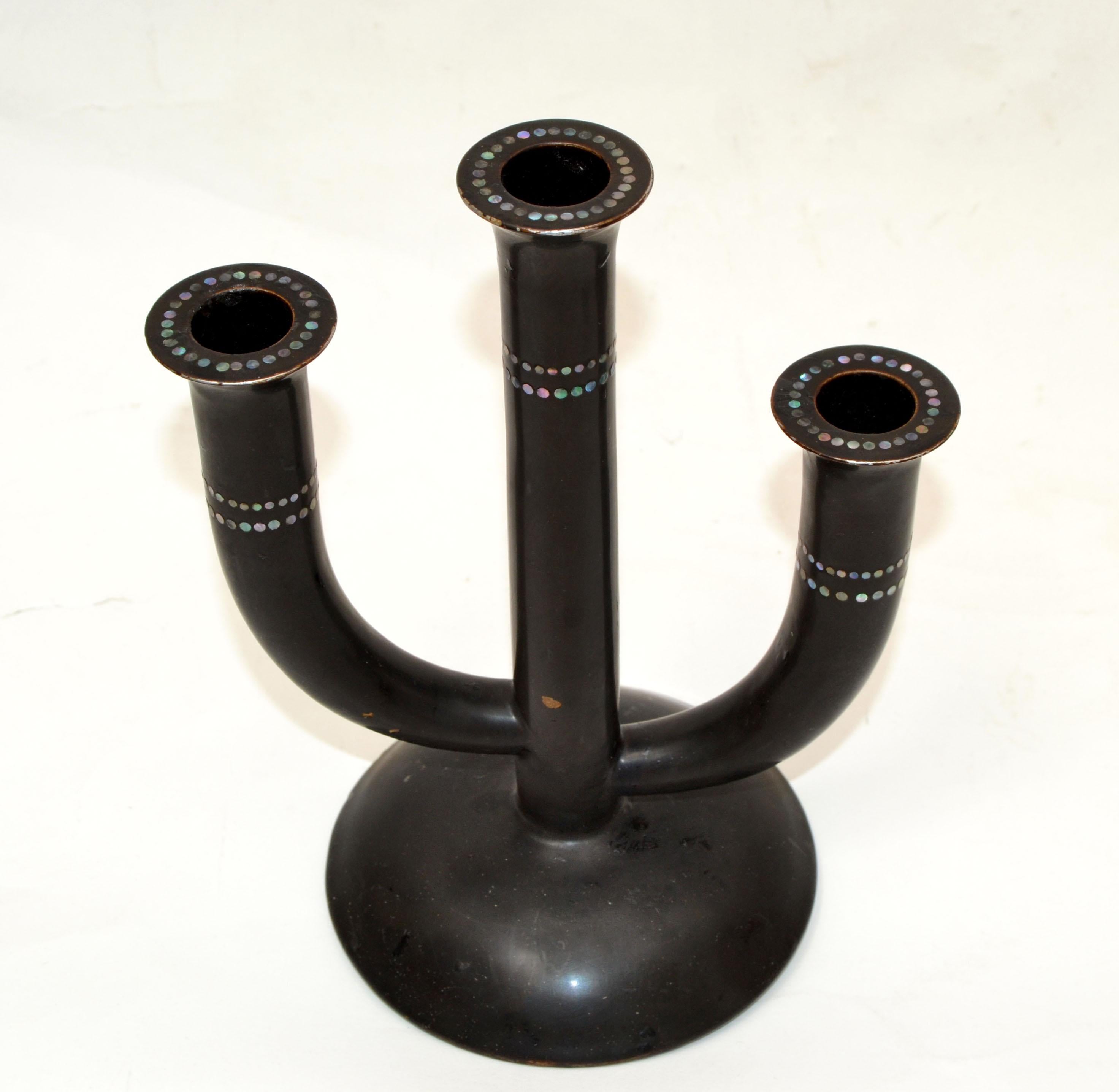 Glazed Pair of Japanese Ceramic Black & Mother of Pearl Candelabra Made by Hand 1960 For Sale