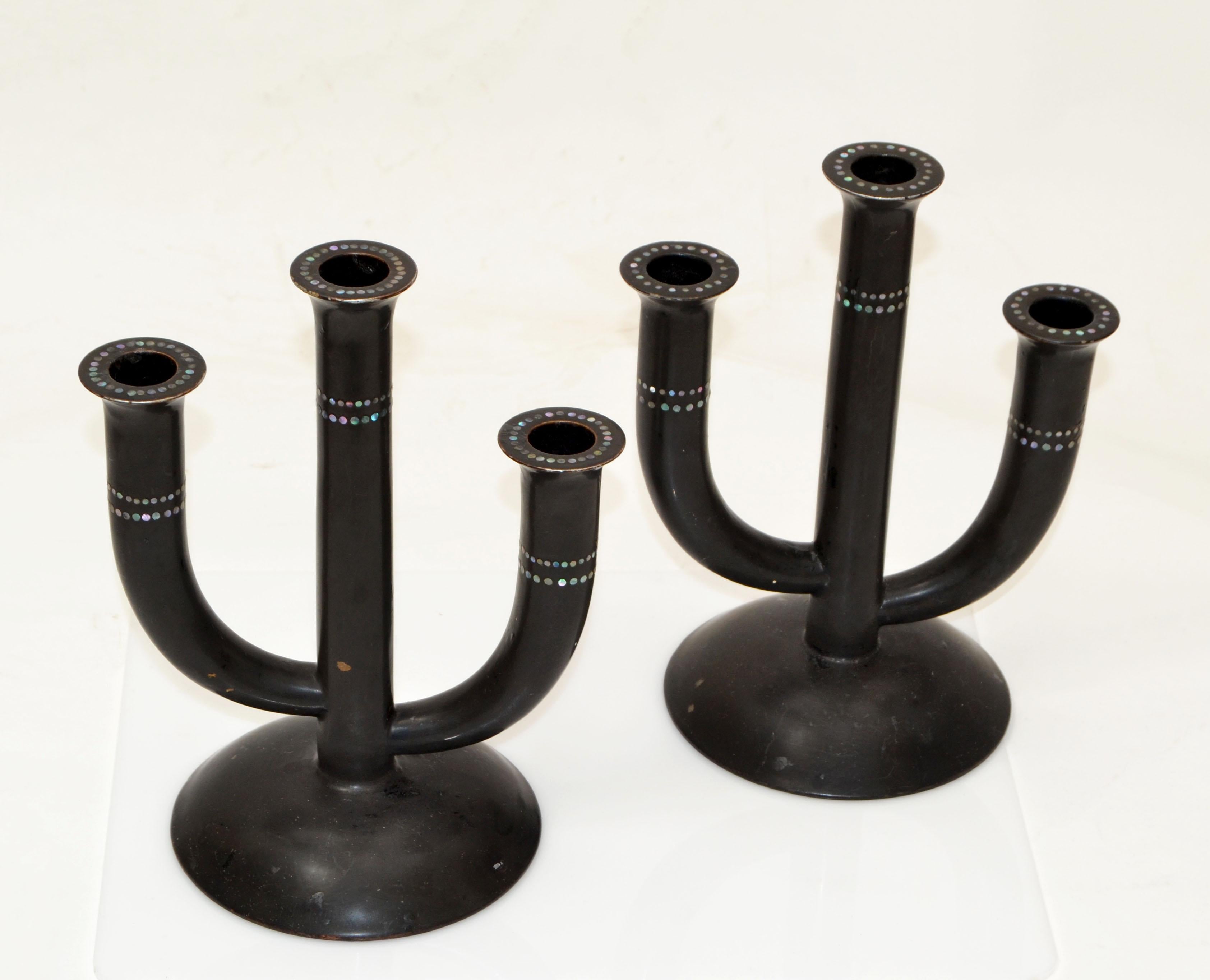 Pair of Japanese Ceramic Black & Mother of Pearl Candelabra Made by Hand 1960 In Good Condition For Sale In Miami, FL