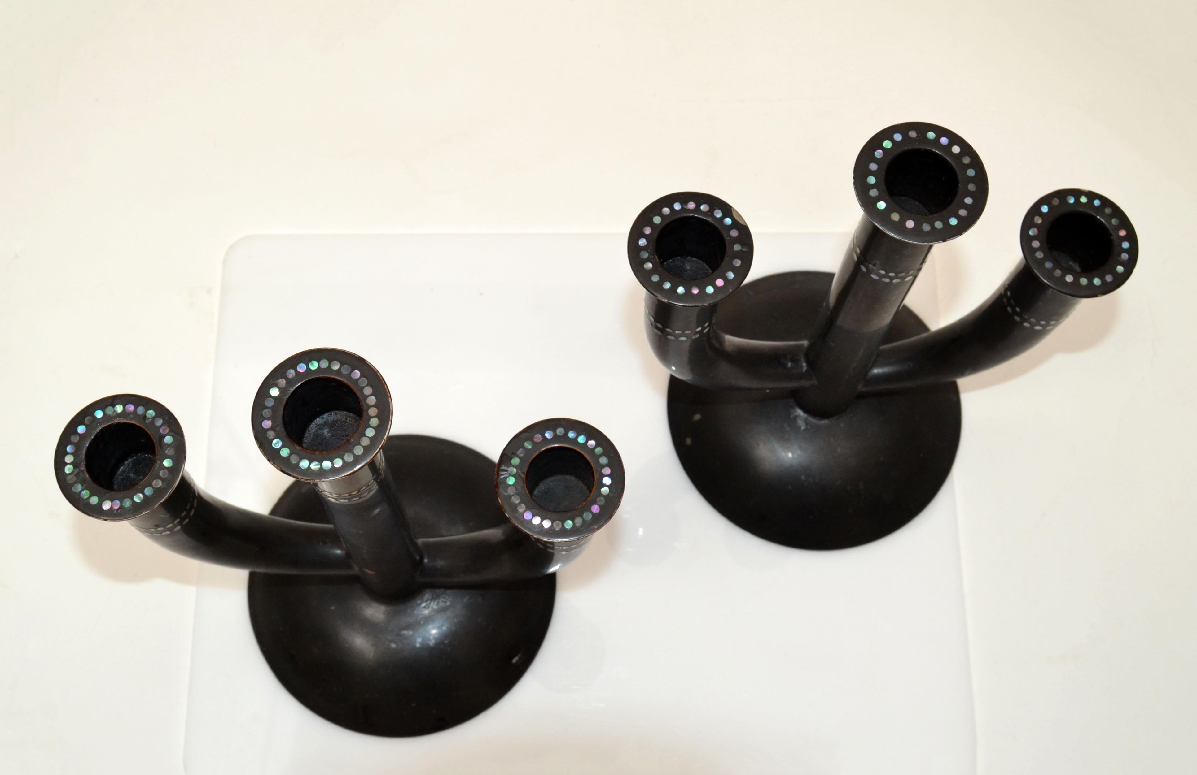 20th Century Pair of Japanese Ceramic Black & Mother of Pearl Candelabra Made by Hand 1960 For Sale