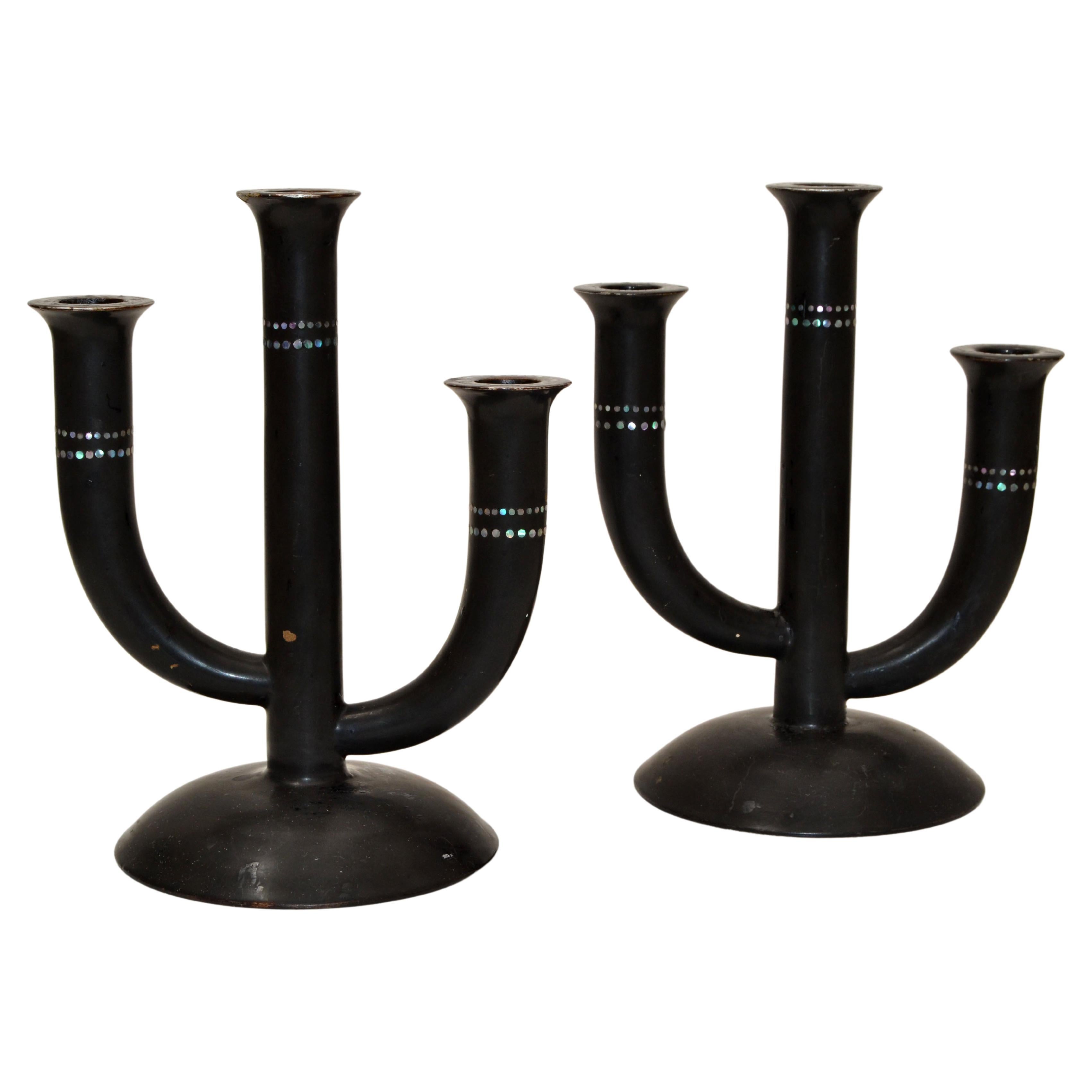 Pair of Japanese Ceramic Black & Mother of Pearl Candelabra Made by Hand 1960 For Sale