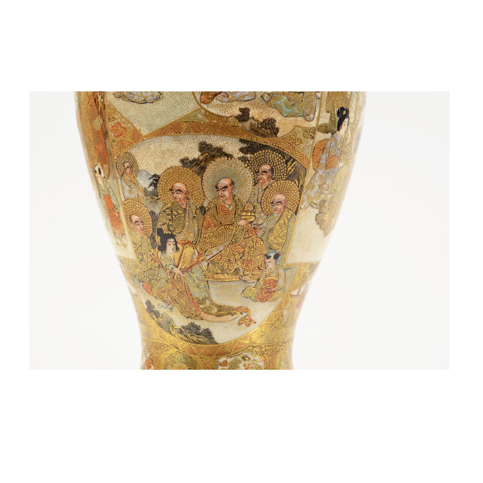 Pair of Japanese Ceramic Satsuma Vases with geishas and monks, 1875 circa 7