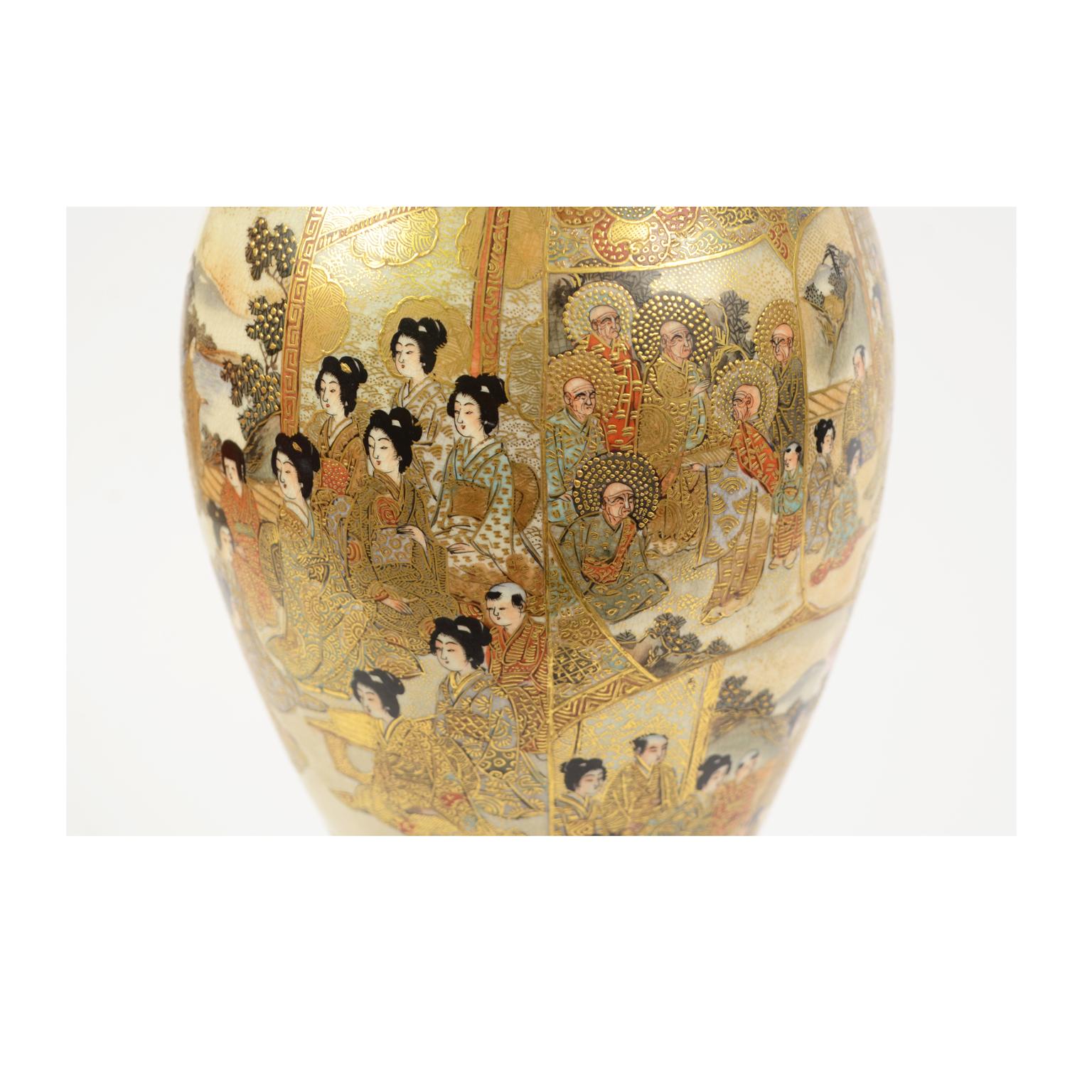 Pair of Japanese Ceramic Satsuma Vases with geishas and monks, 1875 circa 9