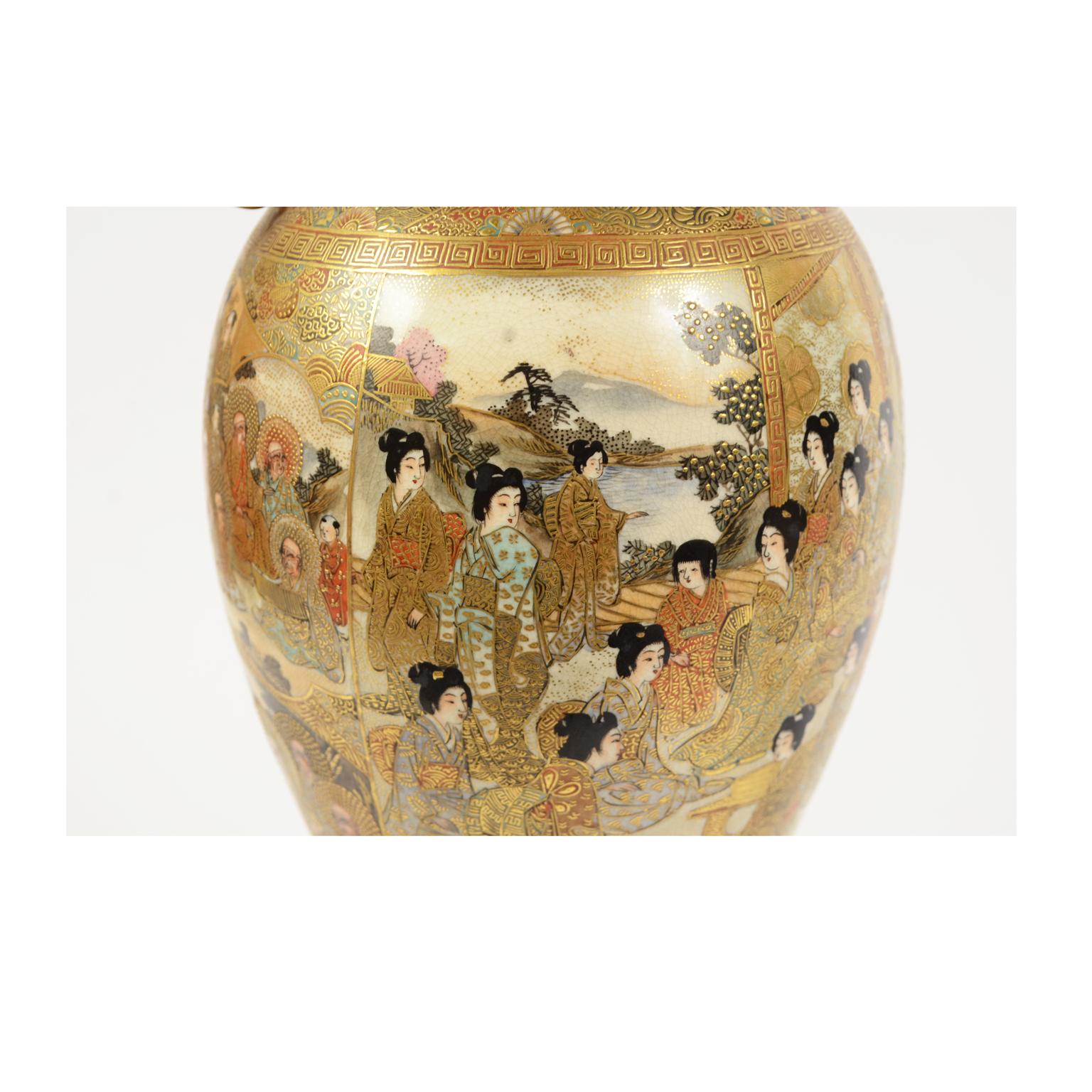 Pair of Japanese Ceramic Satsuma Vases with geishas and monks, 1875 circa 10