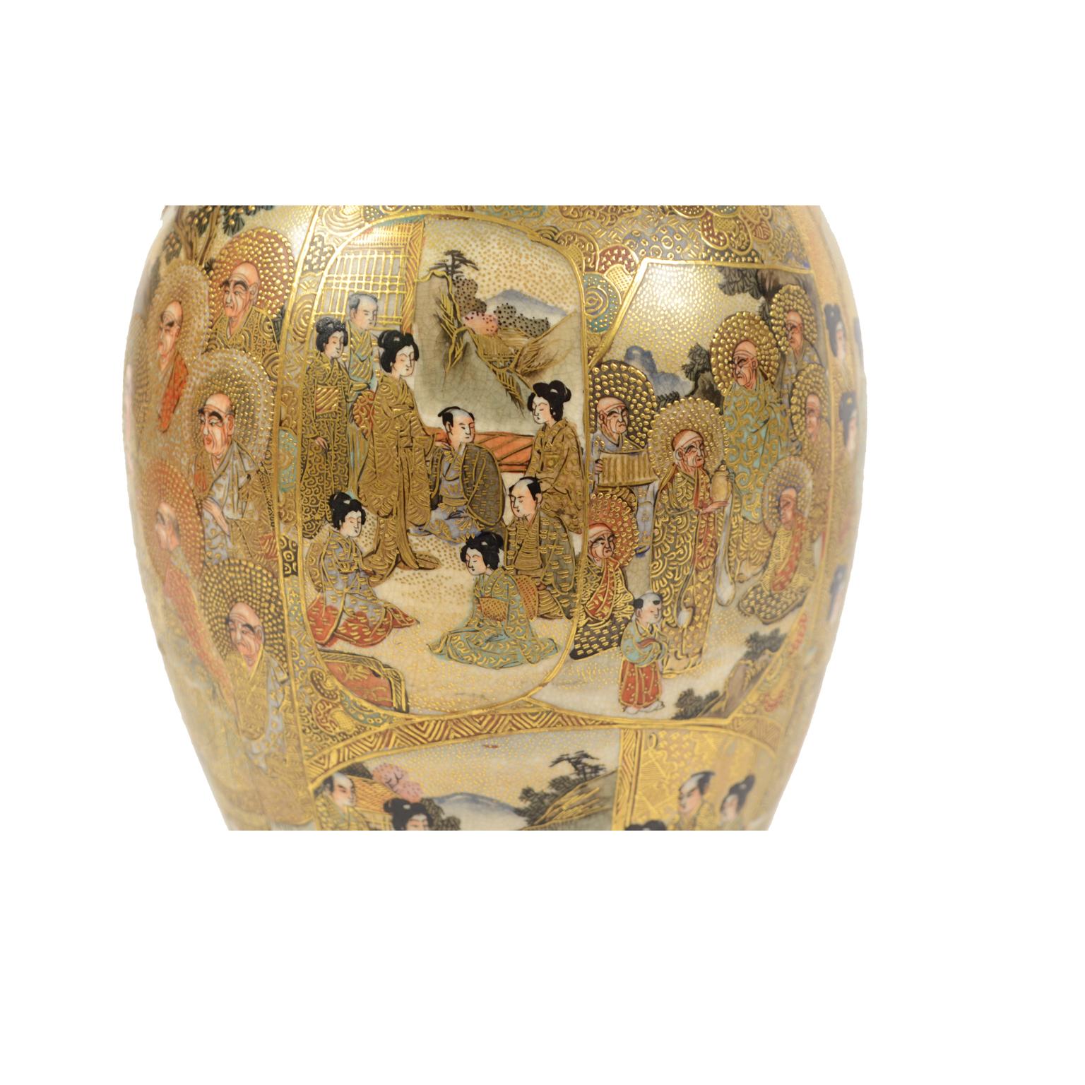 Pair of Japanese Ceramic Satsuma Vases with geishas and monks, 1875 circa 2