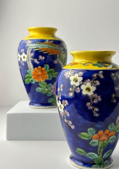 Pair of Japanese Chinoiserie Style Blue and Yellow Porcelain Bud Vases