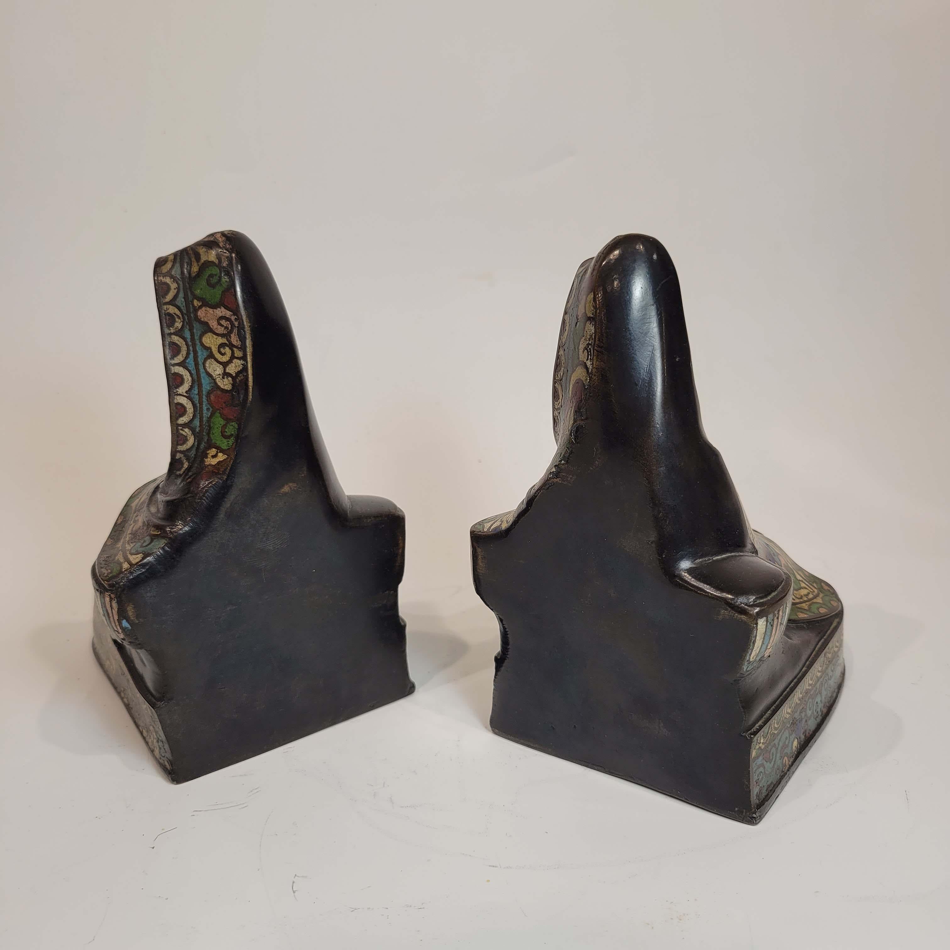 Pair of Japanese Clisonne and Patinated Bronze Buudha Bookends, Meiji Period In Good Condition For Sale In New York, NY