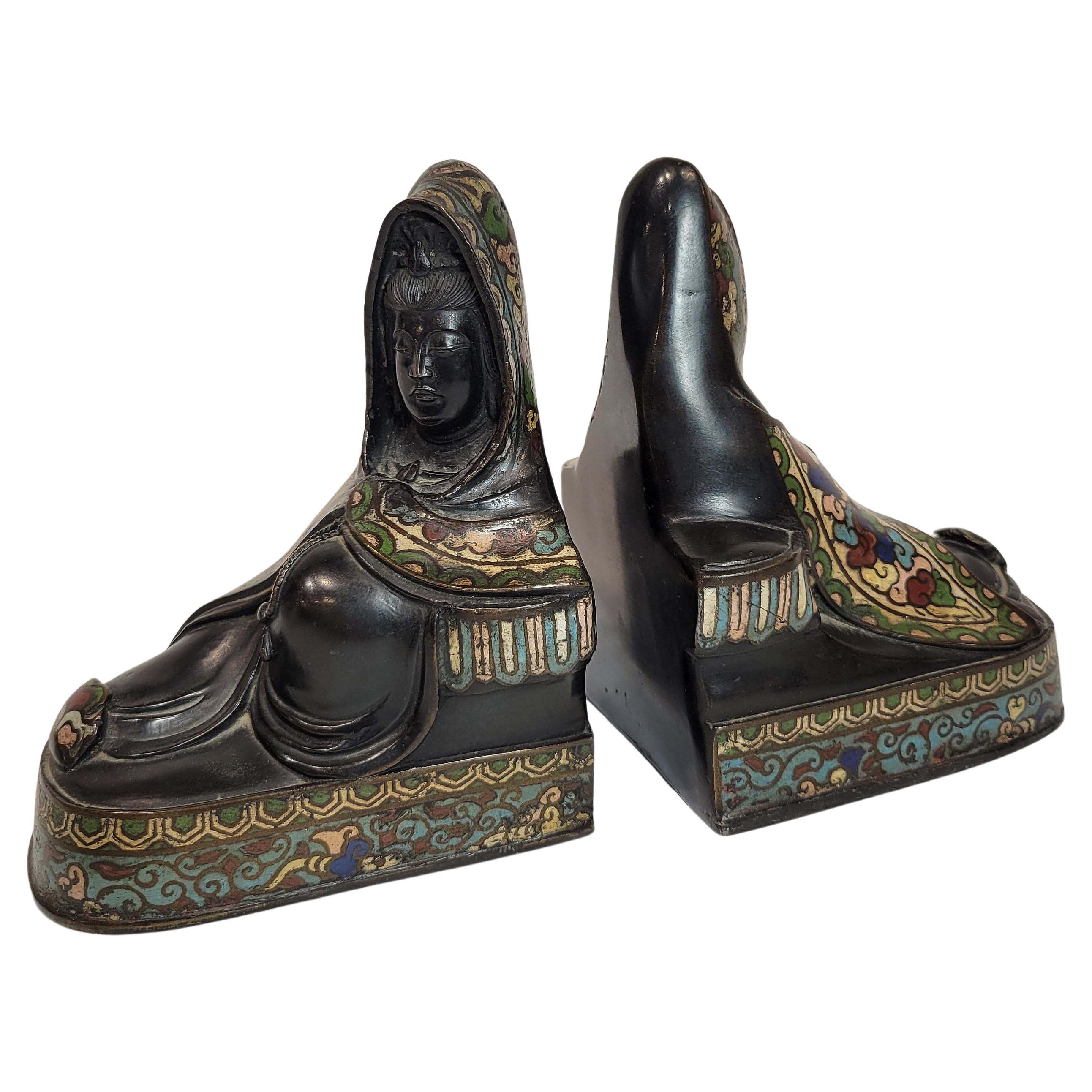 Pair of Japanese Clisonne and Patinated Bronze Buudha Bookends, Meiji Period For Sale