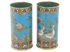 Pair of Japanese Cloisonne Enamel Ducks Birds and Floral Turquoise Grounds Vases