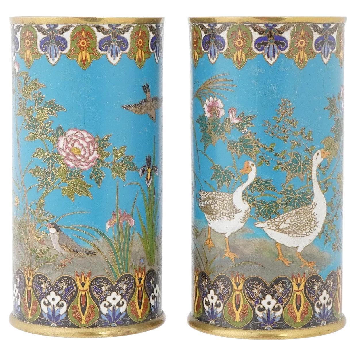 Pair of Japanese Cloisonne Enamel Ducks Birds and Floral Turquoise Grounds Vases