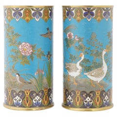 Pair of Japanese Cloisonne Enamel Ducks Birds and Floral Turquoise Grounds Vases
