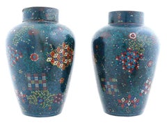 Pair Of Japanese Cloisonne Enamel Green Geometric Pattern Vases